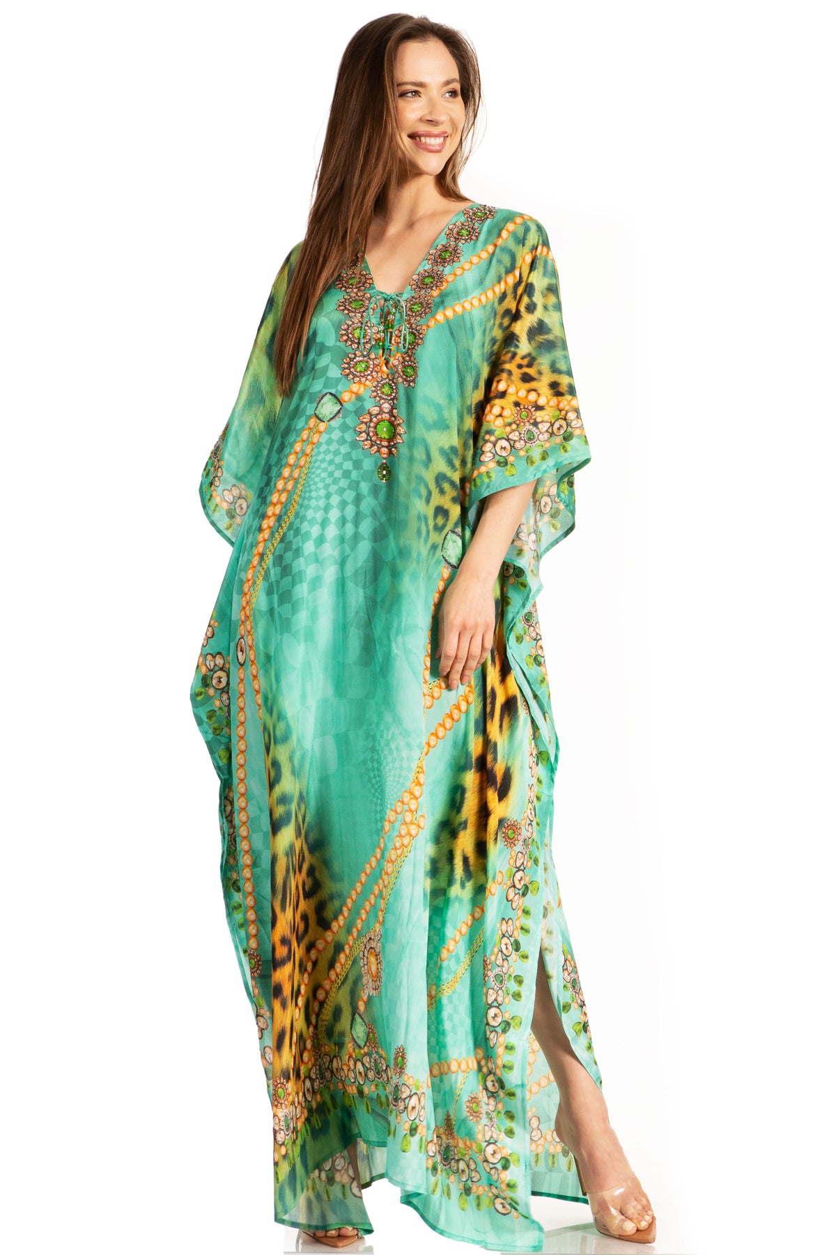Sakkas Georgettina Flowy Rhinestone V-Neck Long Caftan Dress & Cover Up