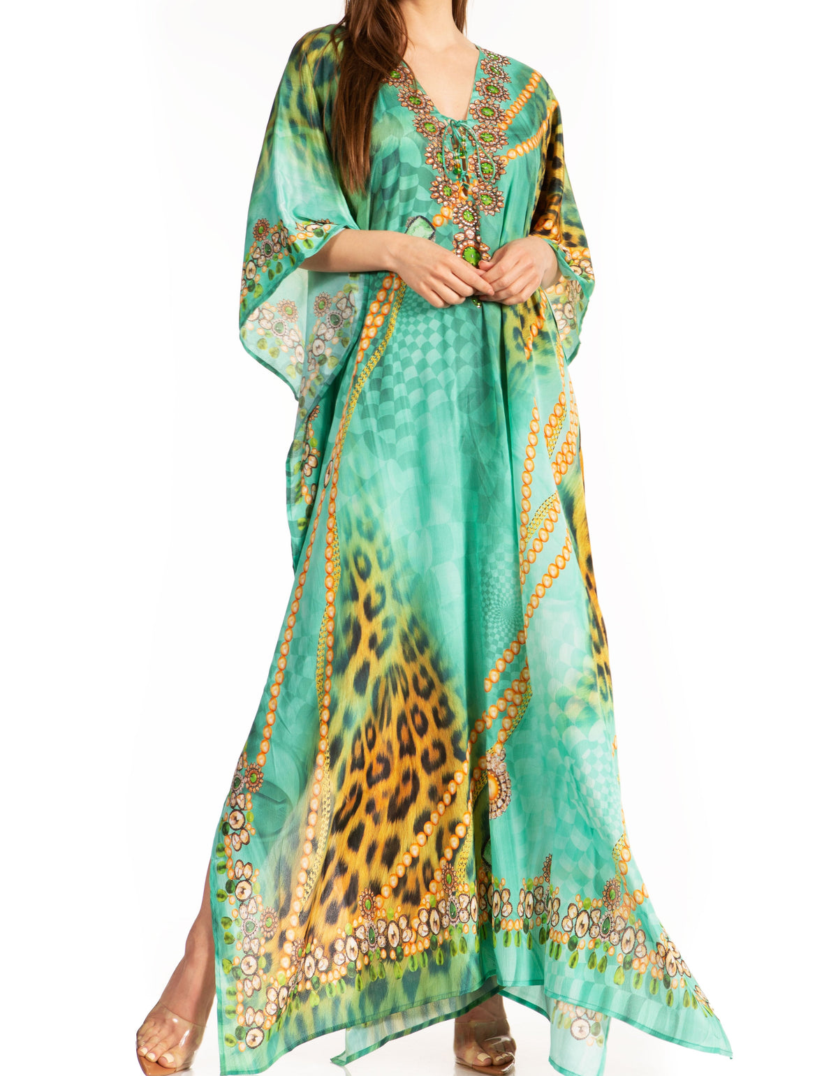 Sakkas Georgettina Flowy Rhinestone V-Neck Long Caftan Dress & Cover Up