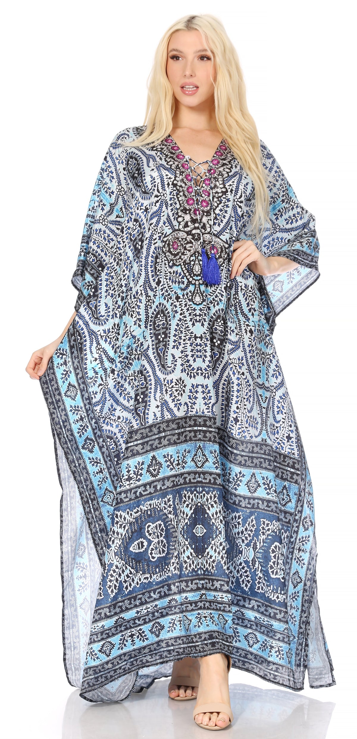 Sakkas Georgettina Flowy Rhinestone V-Neck Long Caftan Dress & Cover Up