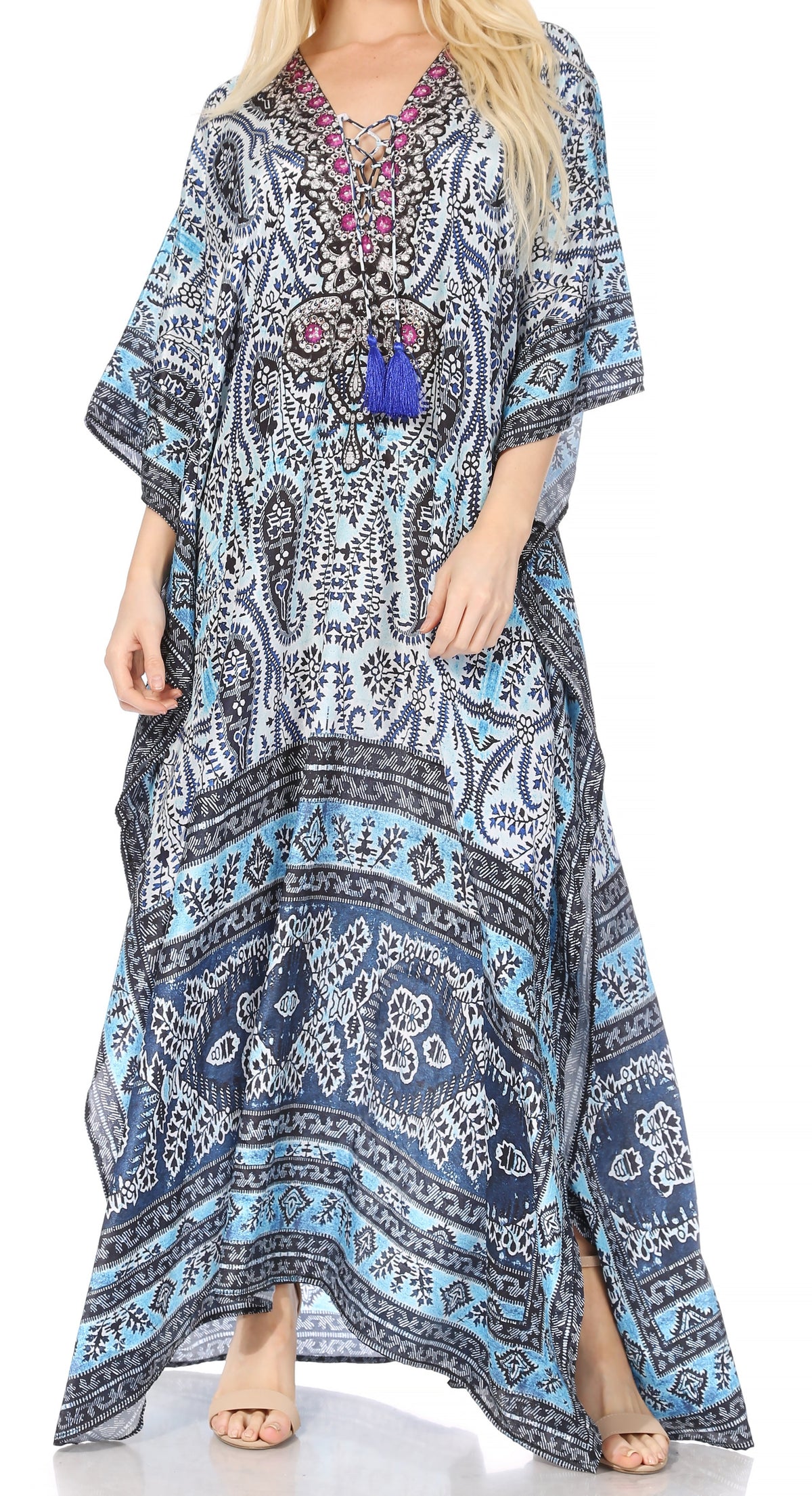 Sakkas Georgettina Flowy Rhinestone V-Neck Long Caftan Dress & Cover Up