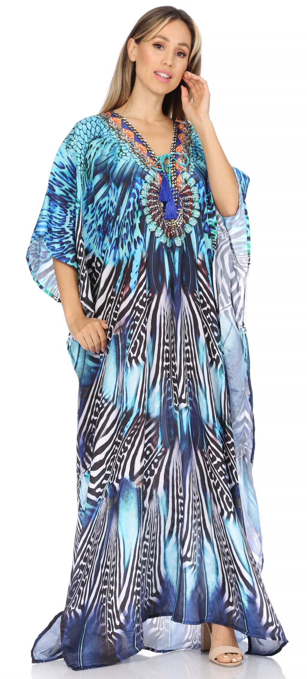 Sakkas Georgettina Flowy Rhinestone V-Neck Long Caftan Dress & Cover Up