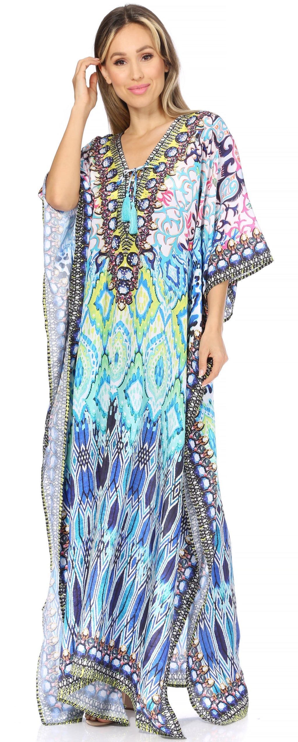 Sakkas Georgettina Flowy Rhinestone V-Neck Long Caftan Dress & Cover Up