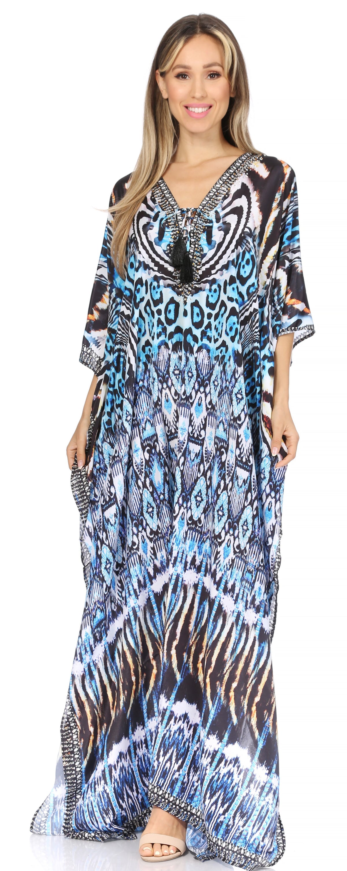 Sakkas Georgettina Flowy Rhinestone V-Neck Long Caftan Dress & Cover Up