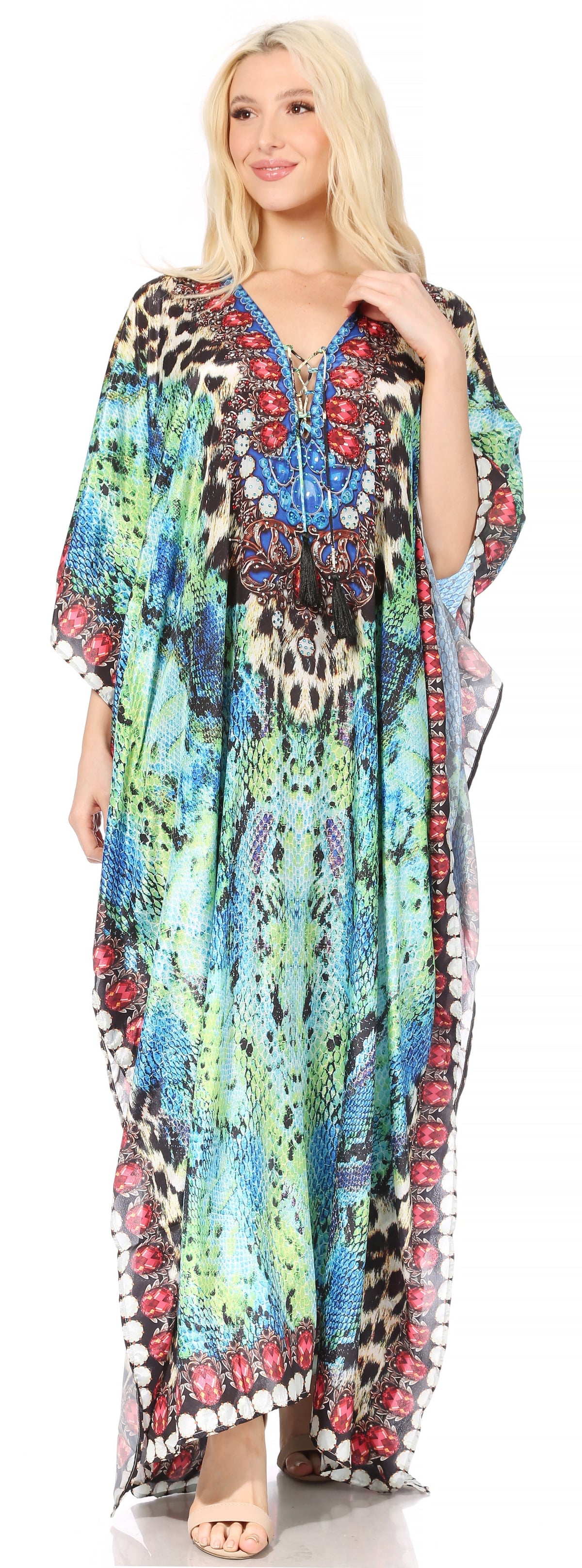 Sakkas Georgettina Flowy Rhinestone V-Neck Long Caftan Dress & Cover Up