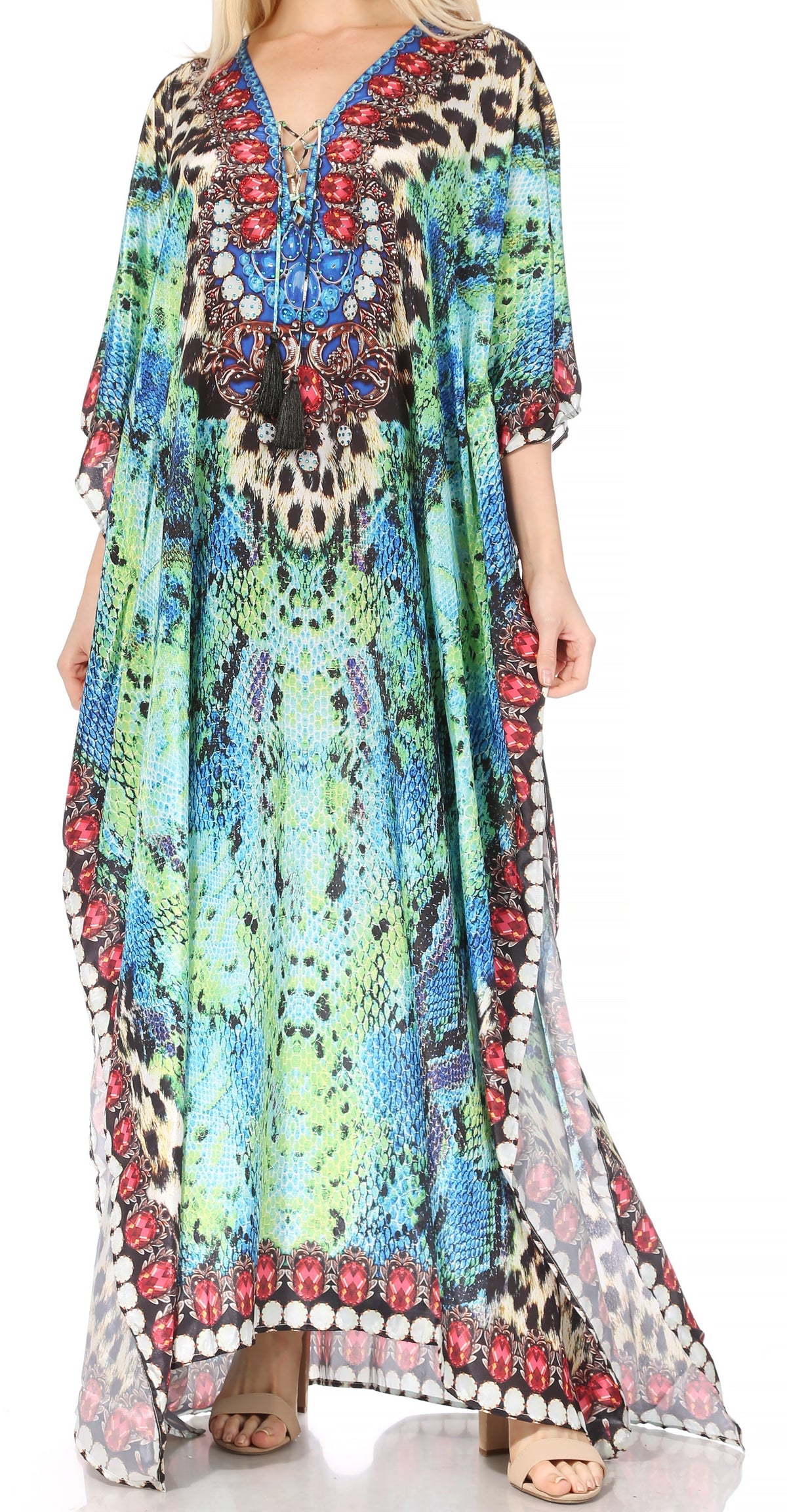 Sakkas Georgettina Flowy Rhinestone V-Neck Long Caftan Dress & Cover Up