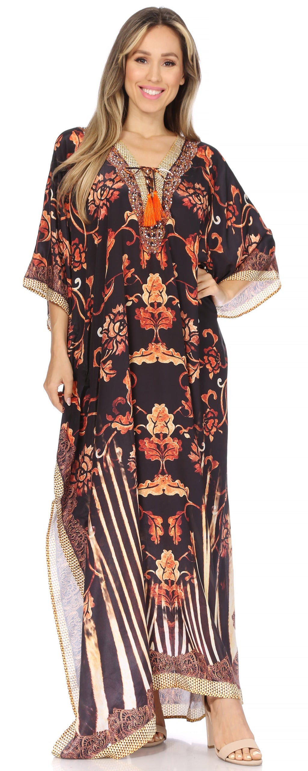 Sakkas Georgettina Flowy Rhinestone V-Neck Long Caftan Dress & Cover Up