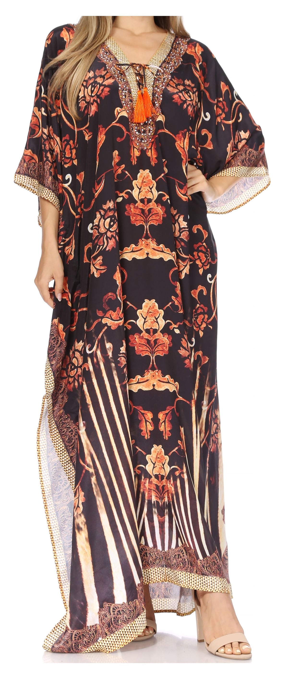 Sakkas Georgettina Flowy Rhinestone V-Neck Long Caftan Dress & Cover Up