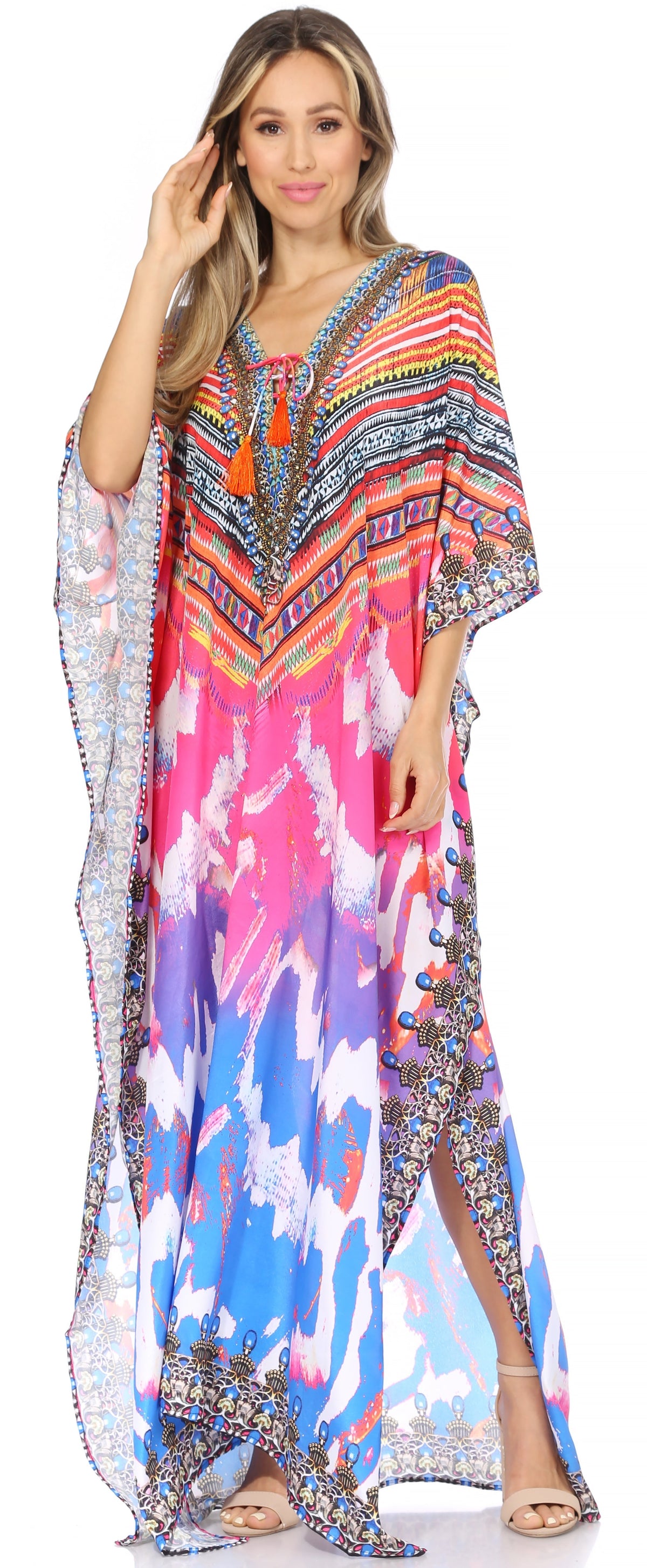 Sakkas Georgettina Flowy Rhinestone V-Neck Long Caftan Dress & Cover Up