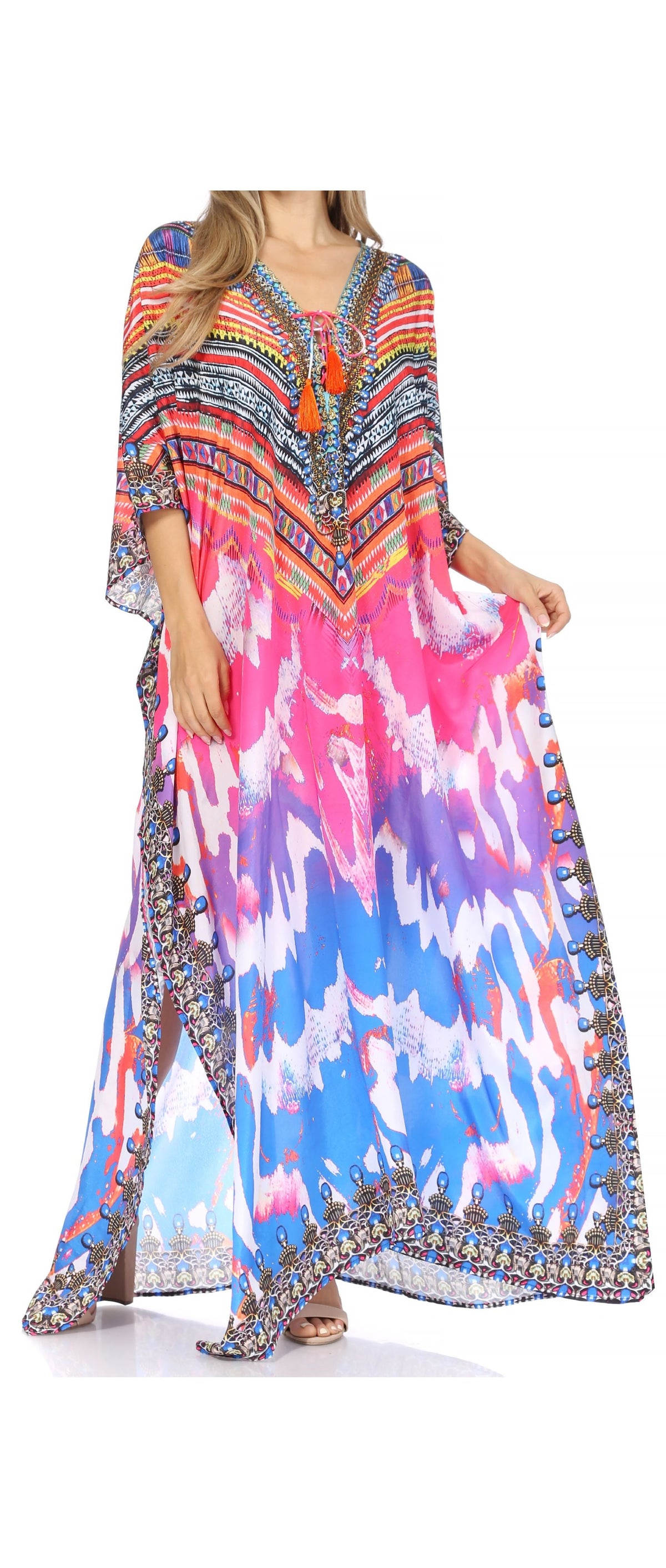 Sakkas Georgettina Flowy Rhinestone V-Neck Long Caftan Dress & Cover Up