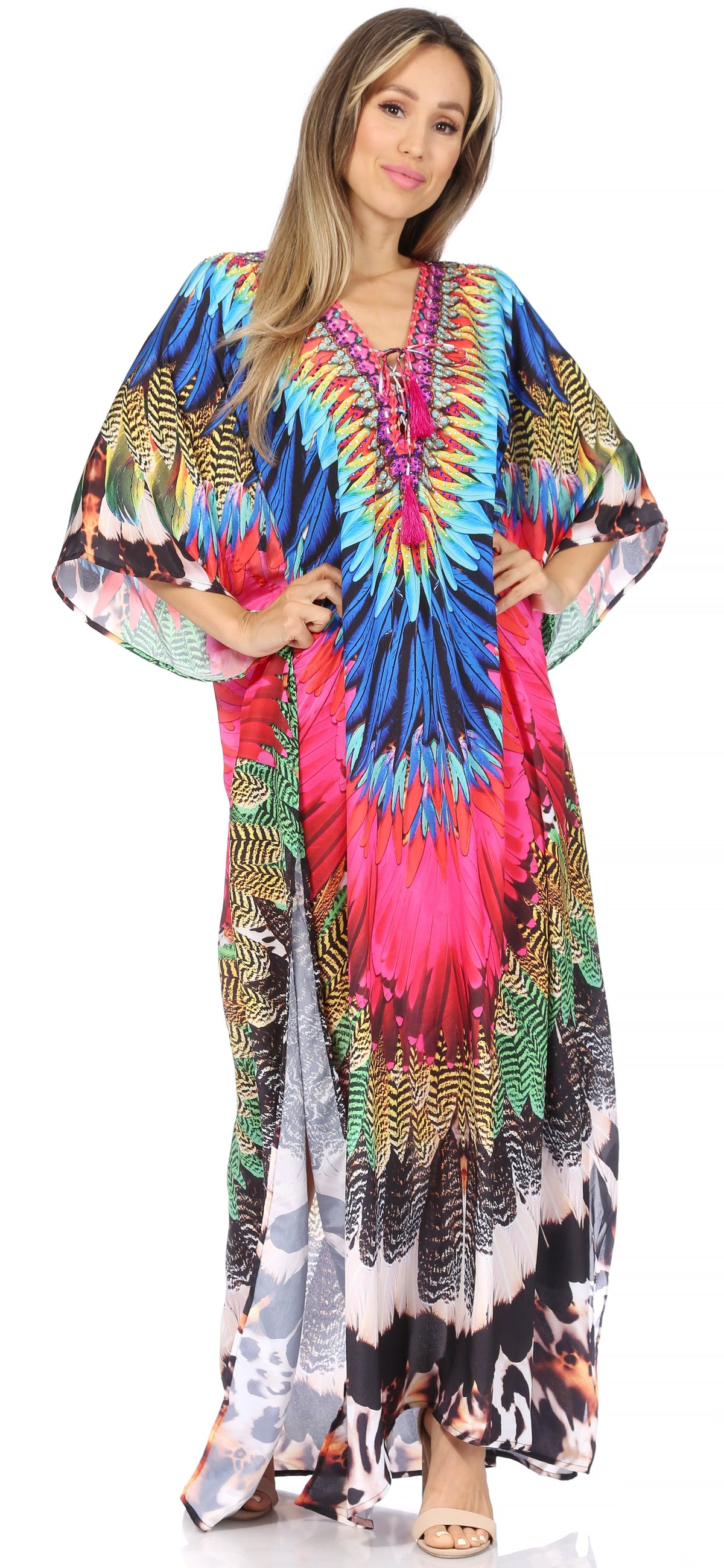 Sakkas Georgettina Flowy Rhinestone V-Neck Long Caftan Dress & Cover Up