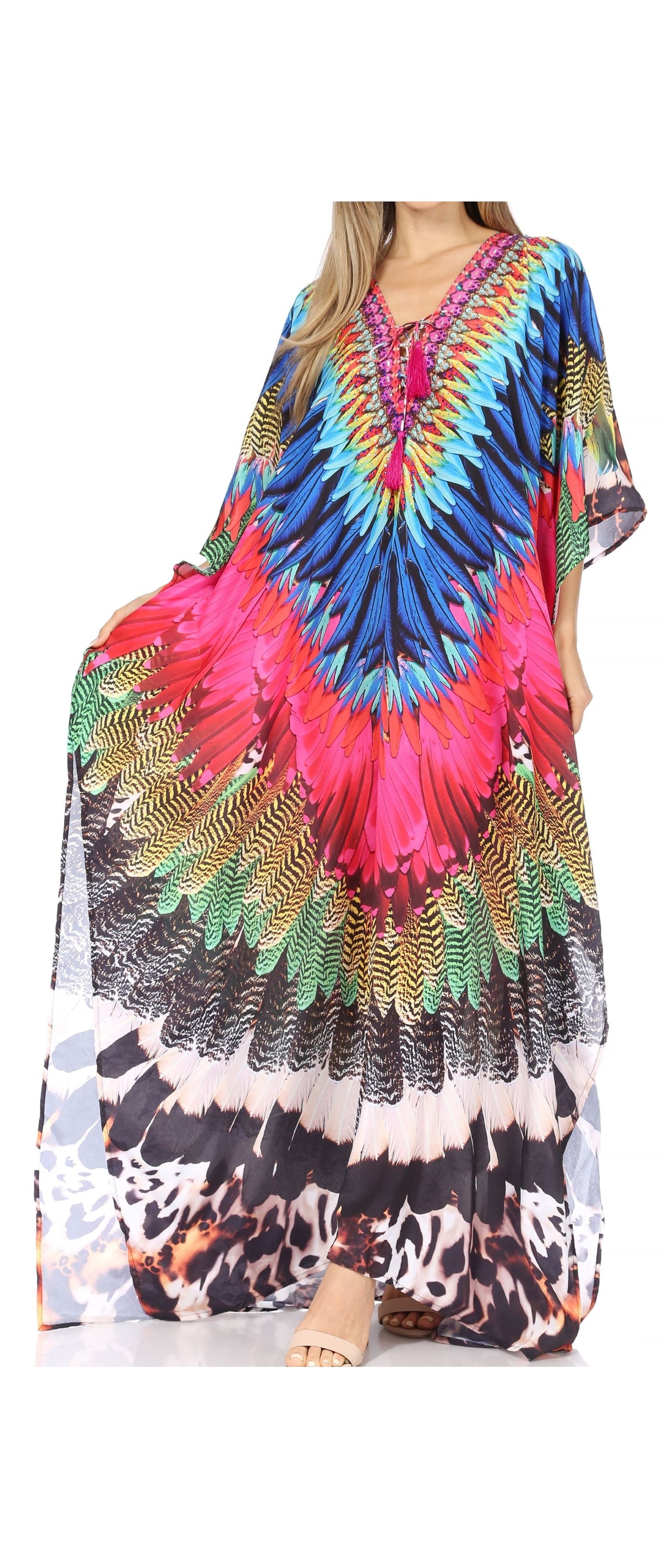 Sakkas Georgettina Flowy Rhinestone V-Neck Long Caftan Dress & Cover Up