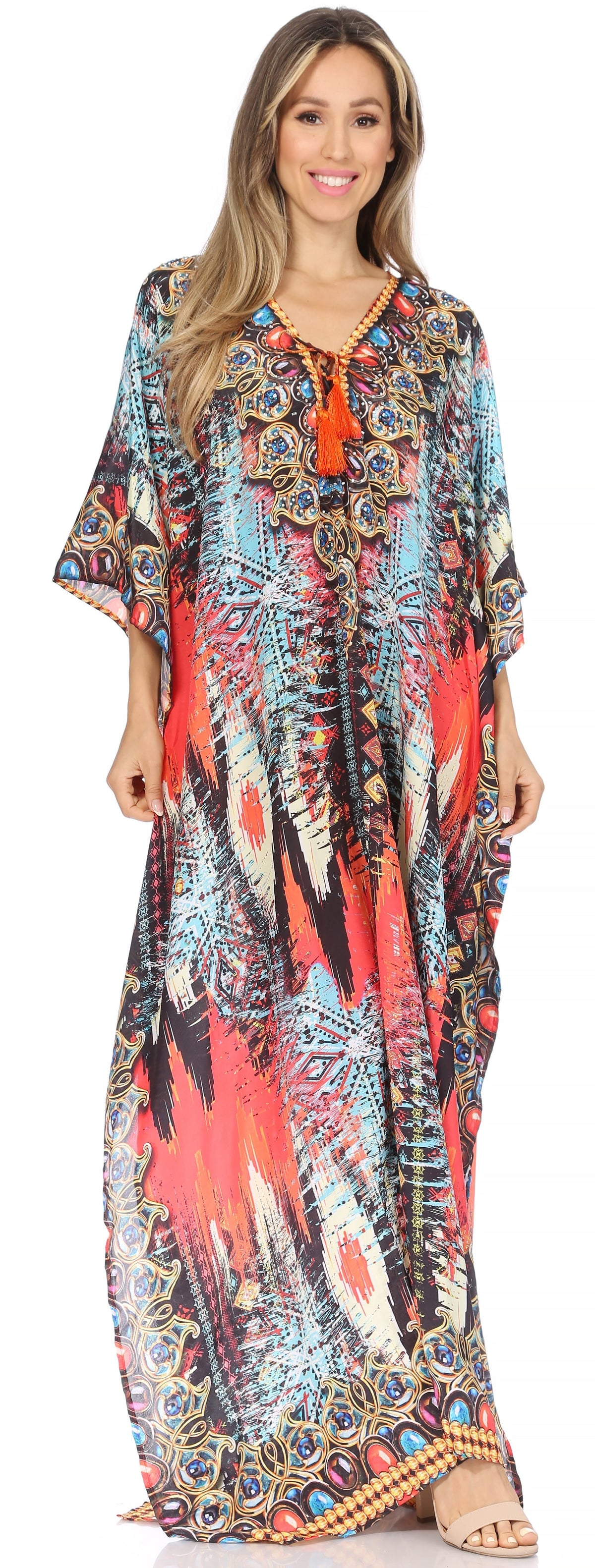 Sakkas Georgettina Flowy Rhinestone V-Neck Long Caftan Dress & Cover Up