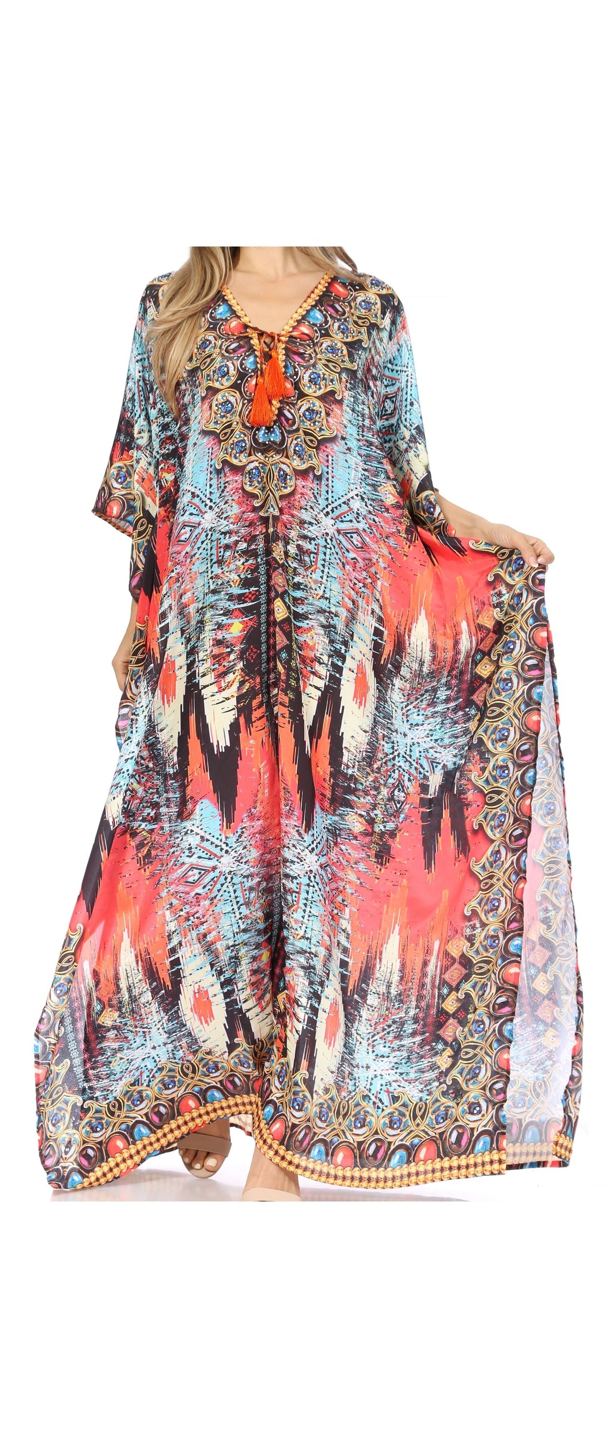 Sakkas Georgettina Flowy Rhinestone V-Neck Long Caftan Dress & Cover Up