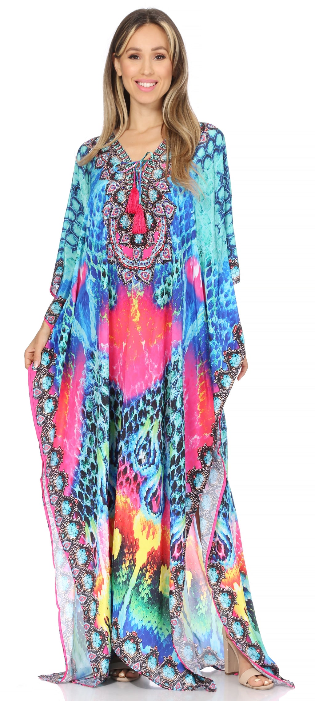 Sakkas Georgettina Flowy Rhinestone V-Neck Long Caftan Dress & Cover Up