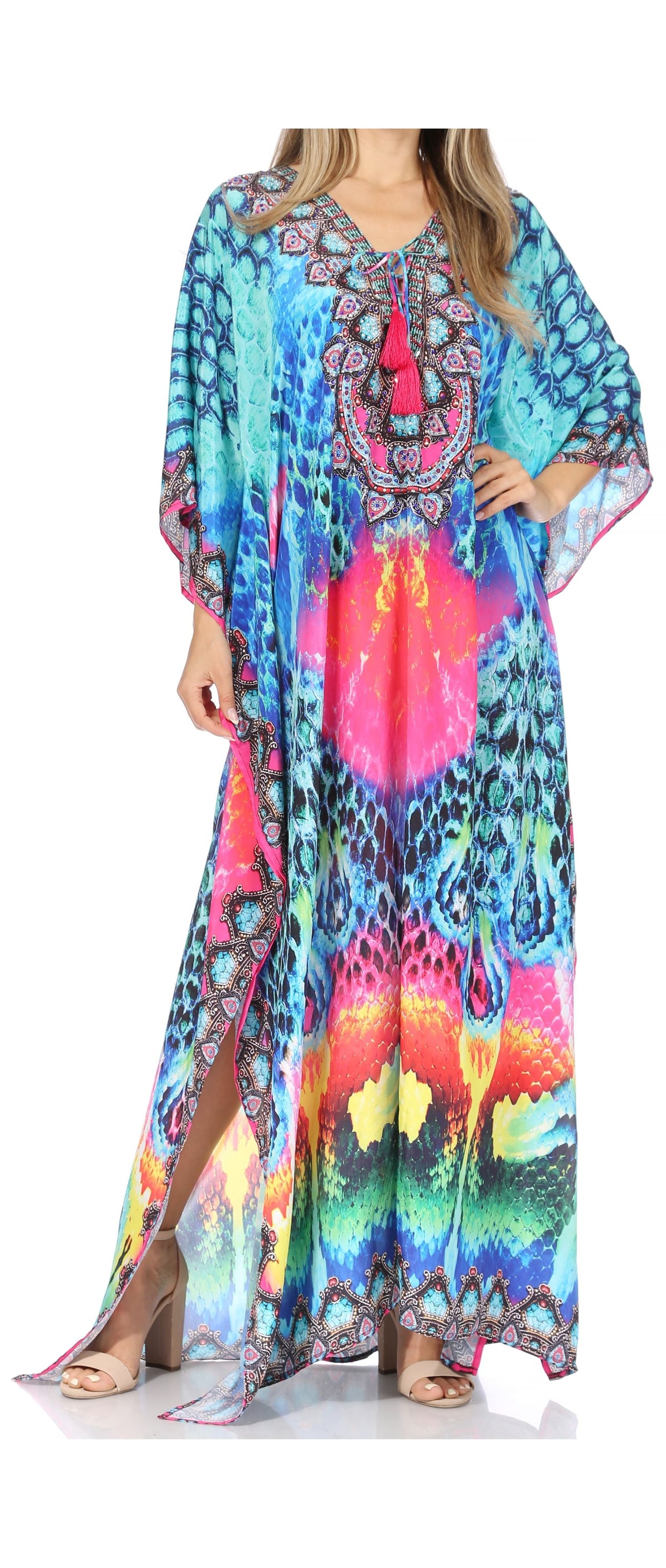 Sakkas Georgettina Flowy Rhinestone V-Neck Long Caftan Dress & Cover Up