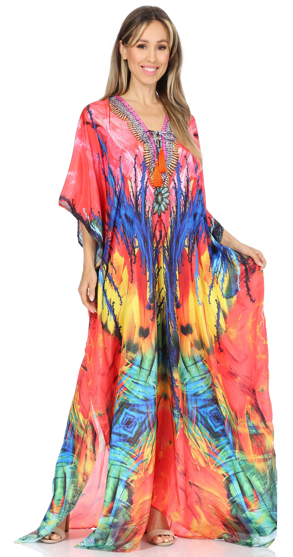 Sakkas Georgettina Flowy Rhinestone V-Neck Long Caftan Dress & Cover Up