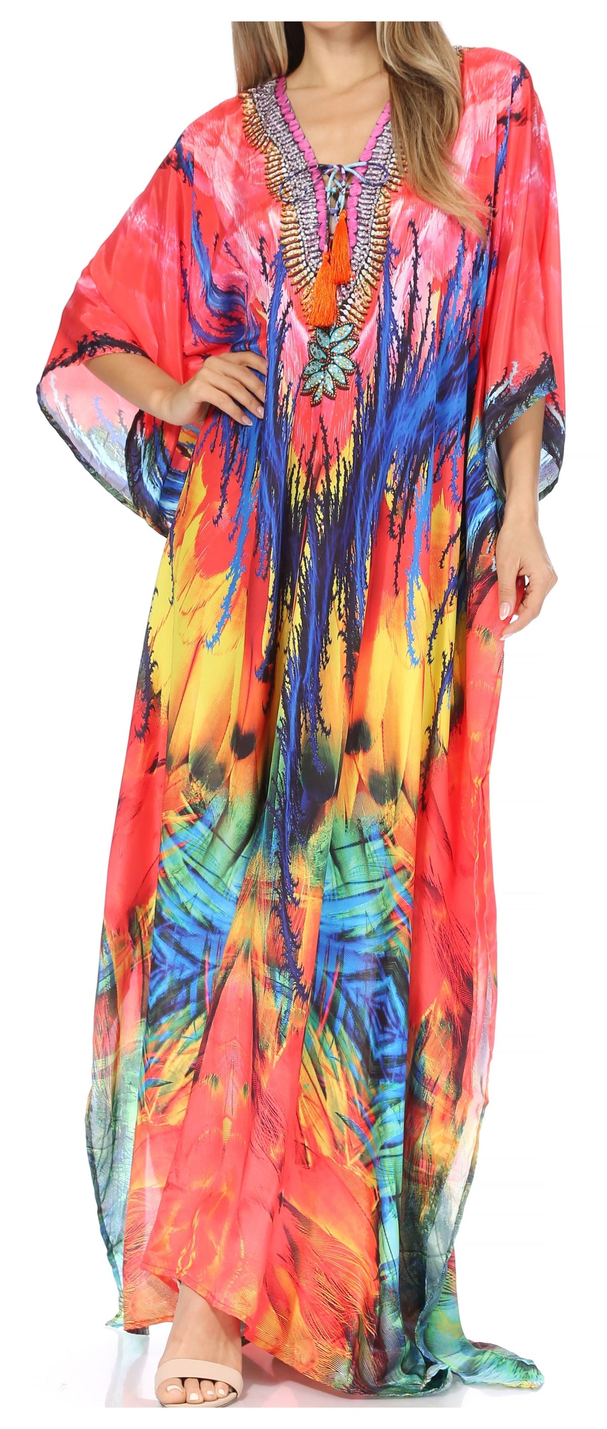 Sakkas Georgettina Flowy Rhinestone V-Neck Long Caftan Dress & Cover Up