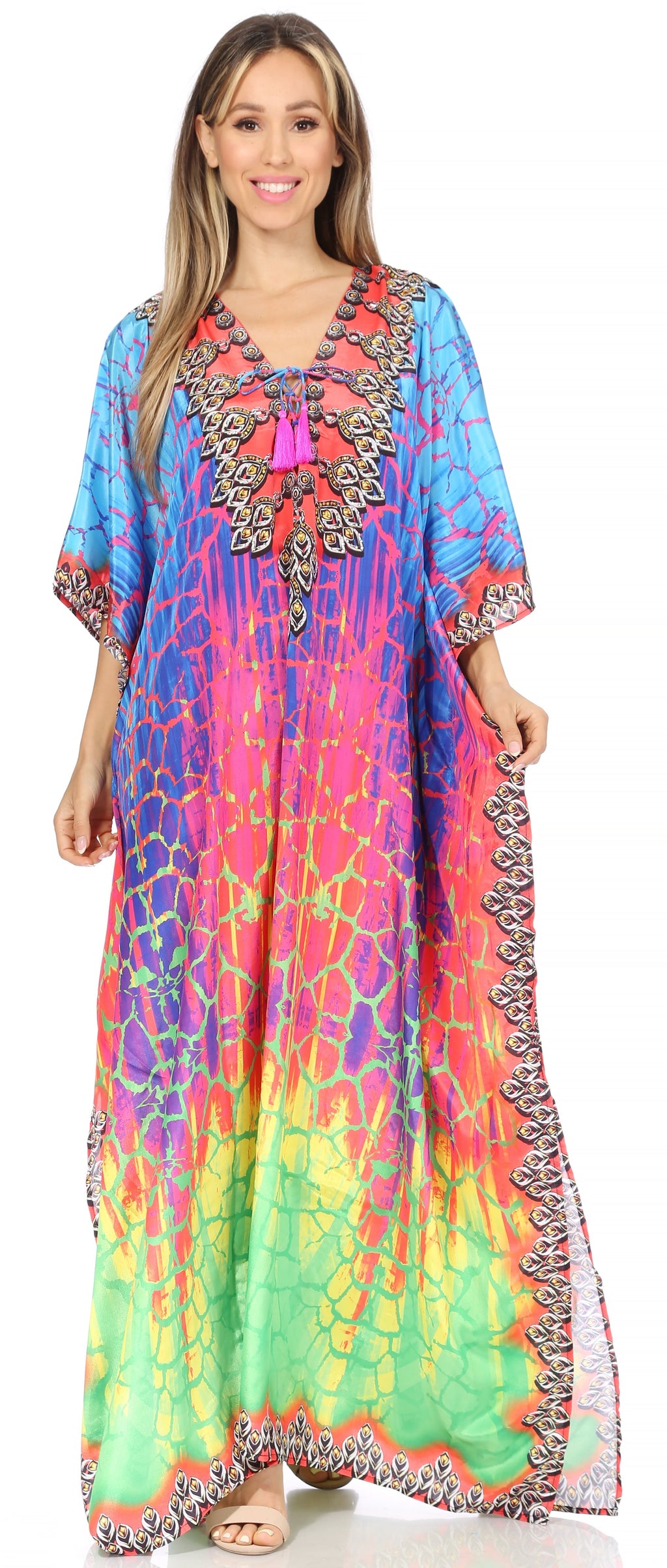 Sakkas Georgettina Flowy Rhinestone V-Neck Long Caftan Dress & Cover Up