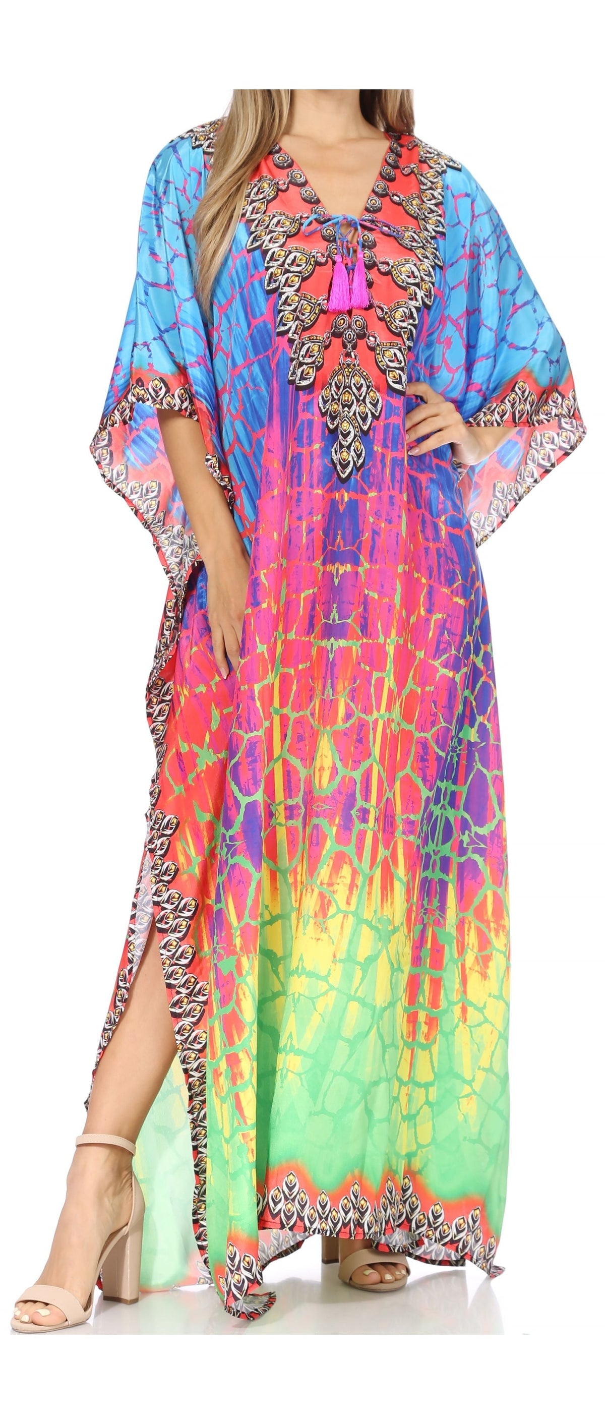 Sakkas Georgettina Flowy Rhinestone V-Neck Long Caftan Dress & Cover Up