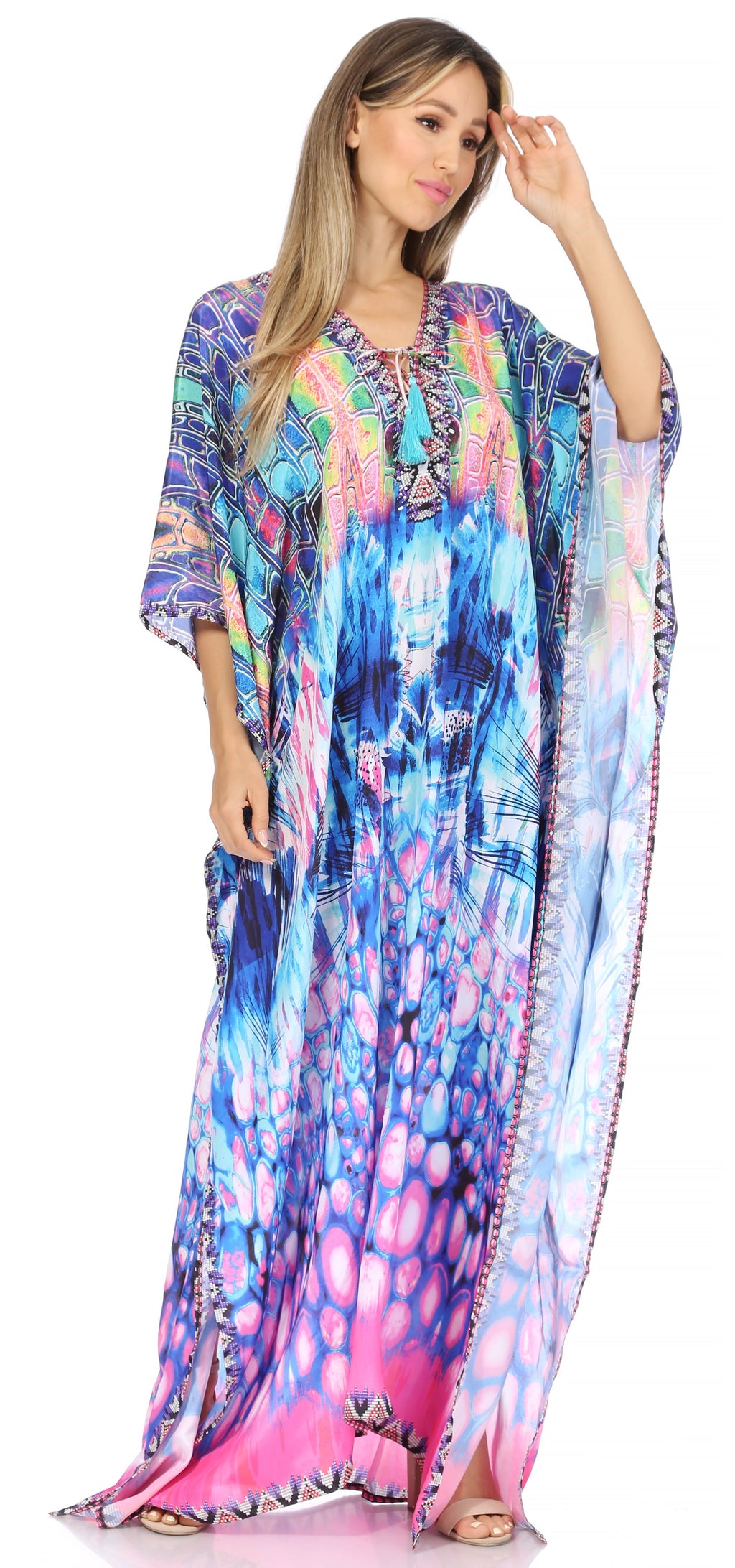 Sakkas Georgettina Flowy Rhinestone V-Neck Long Caftan Dress & Cover Up