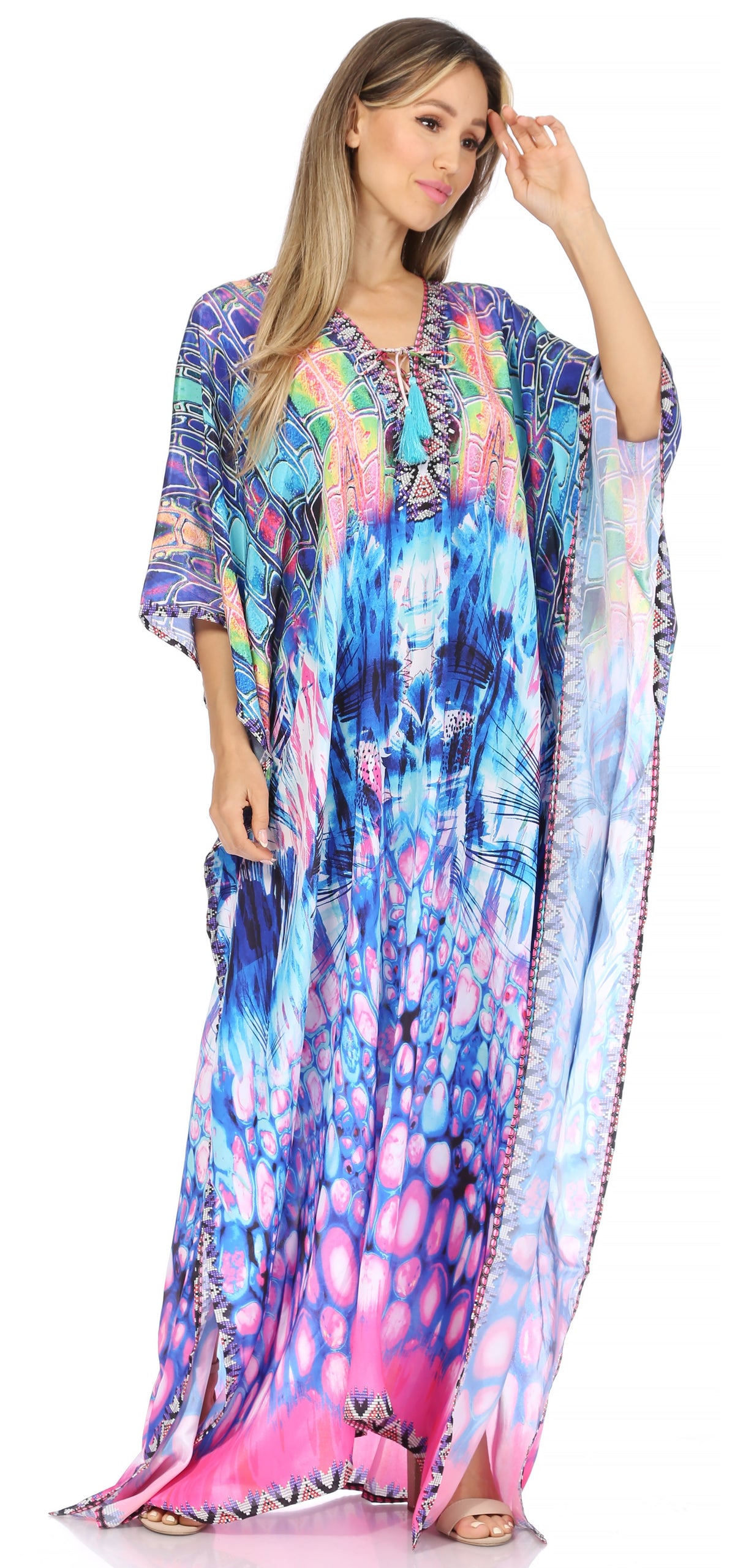 Sakkas Georgettina Flowy Rhinestone V-Neck Long Caftan Dress & Cover Up