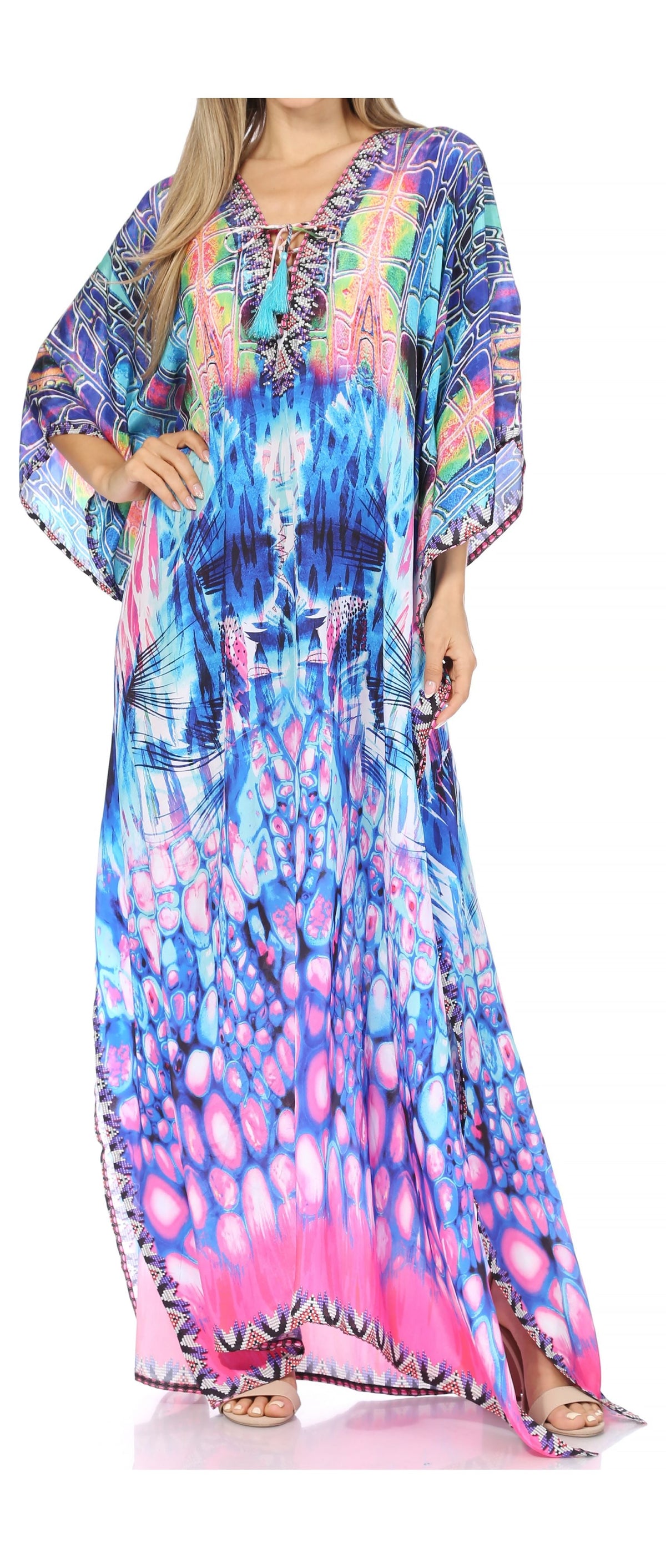 Sakkas Georgettina Flowy Rhinestone V-Neck Long Caftan Dress & Cover Up