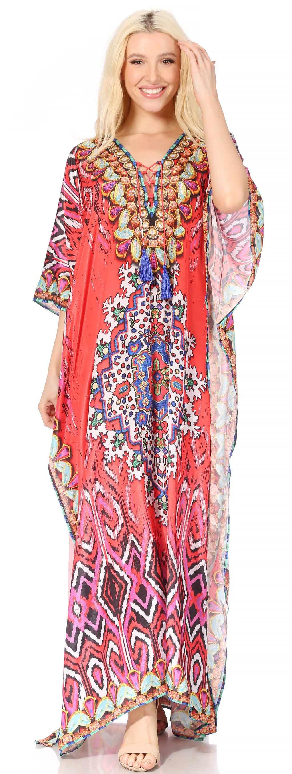 Sakkas Georgettina Flowy Rhinestone V-Neck Long Caftan Dress & Cover Up