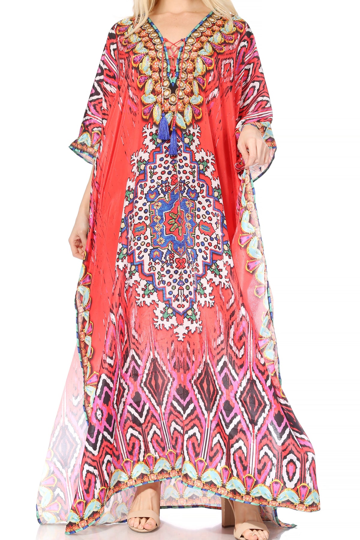 Sakkas Georgettina Flowy Rhinestone V-Neck Long Caftan Dress & Cover Up