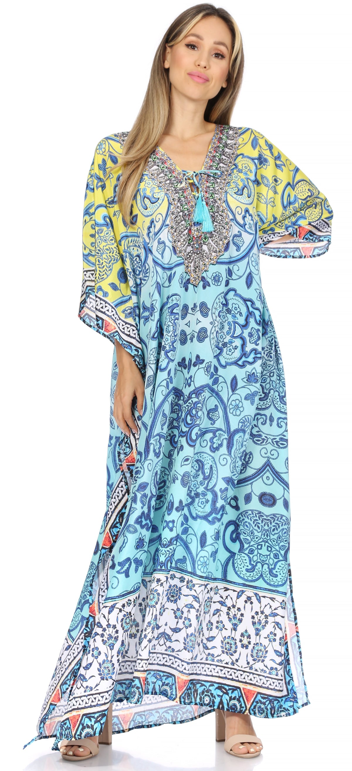 Sakkas Georgettina Flowy Rhinestone V-Neck Long Caftan Dress & Cover Up