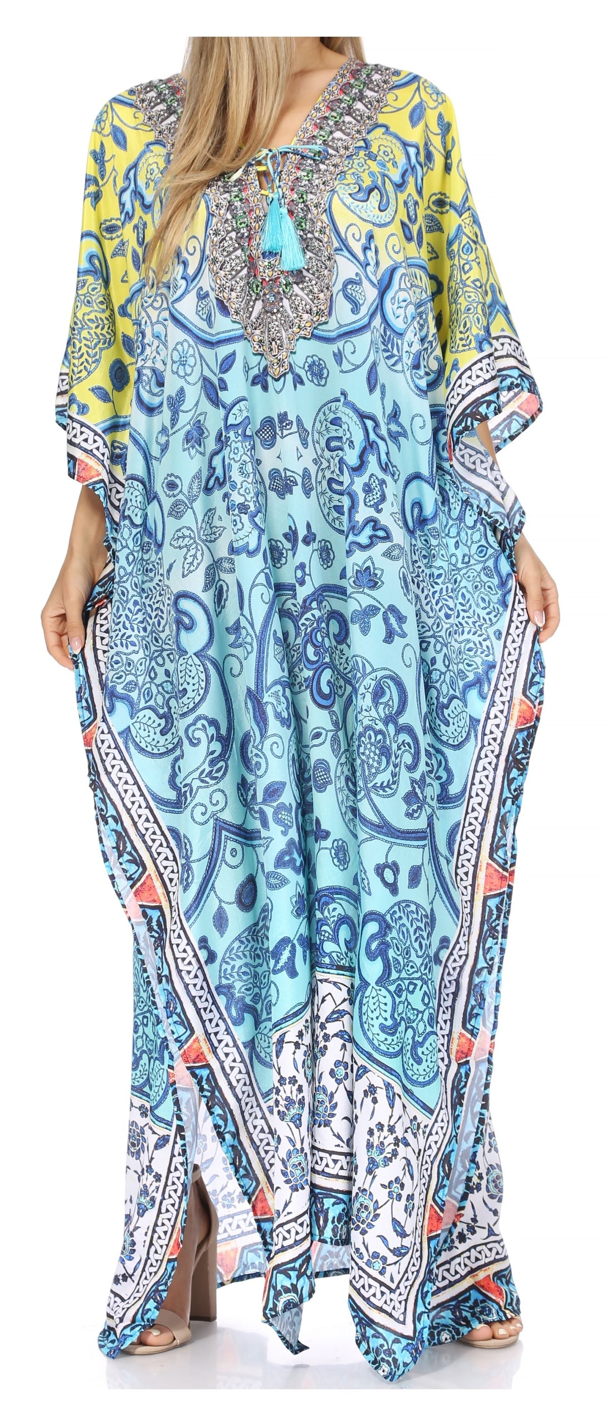 Sakkas Georgettina Flowy Rhinestone V-Neck Long Caftan Dress & Cover Up