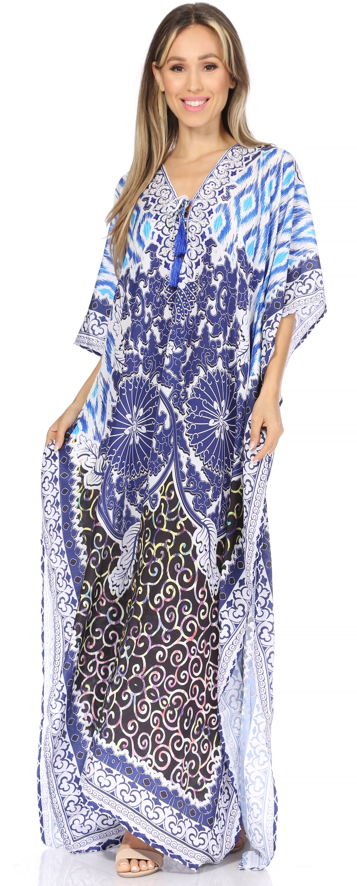 Sakkas Georgettina Flowy Rhinestone V-Neck Long Caftan Dress & Cover Up