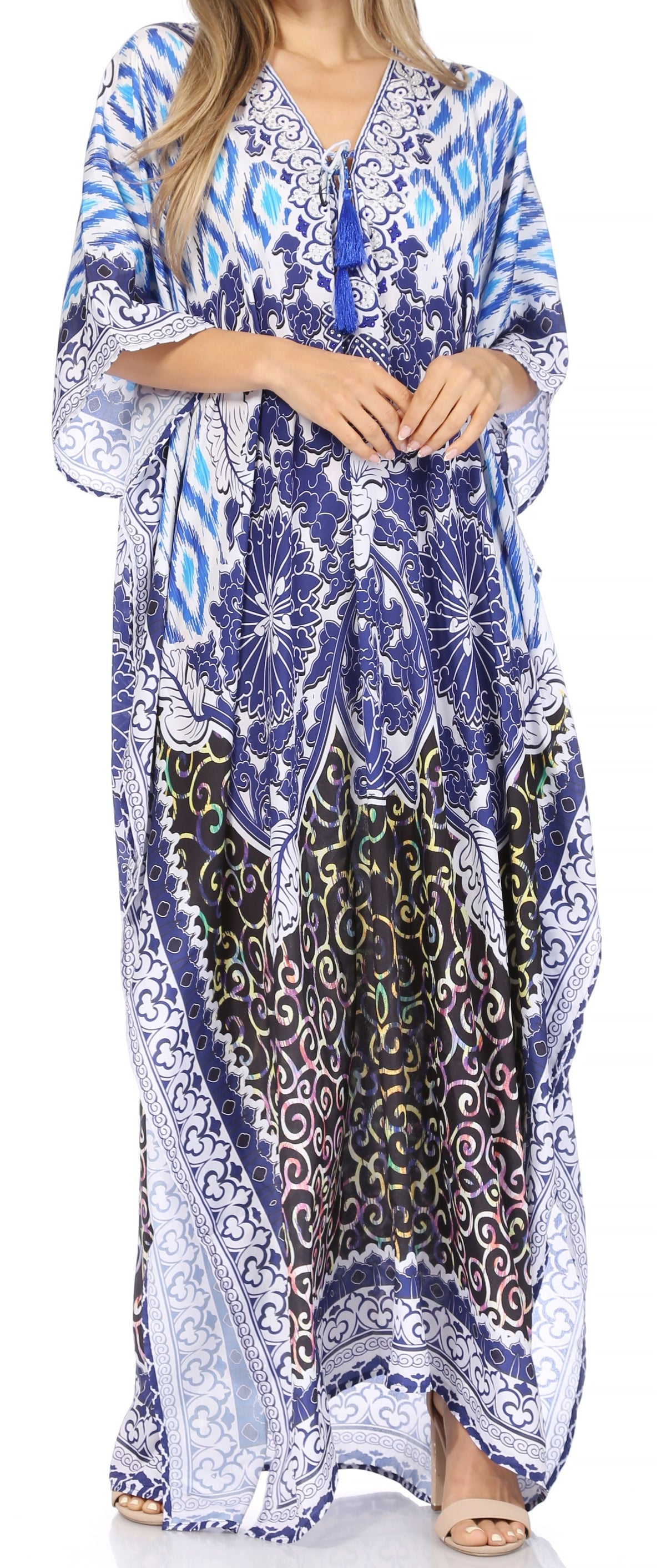 Sakkas Georgettina Flowy Rhinestone V-Neck Long Caftan Dress & Cover Up