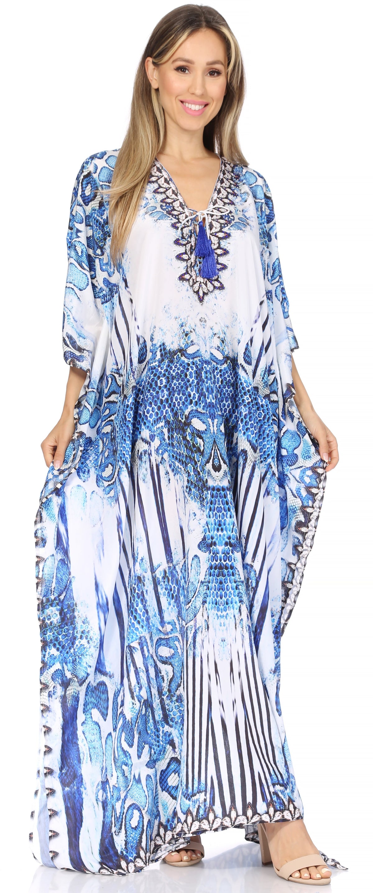 Sakkas Georgettina Flowy Rhinestone V-Neck Long Caftan Dress & Cover Up