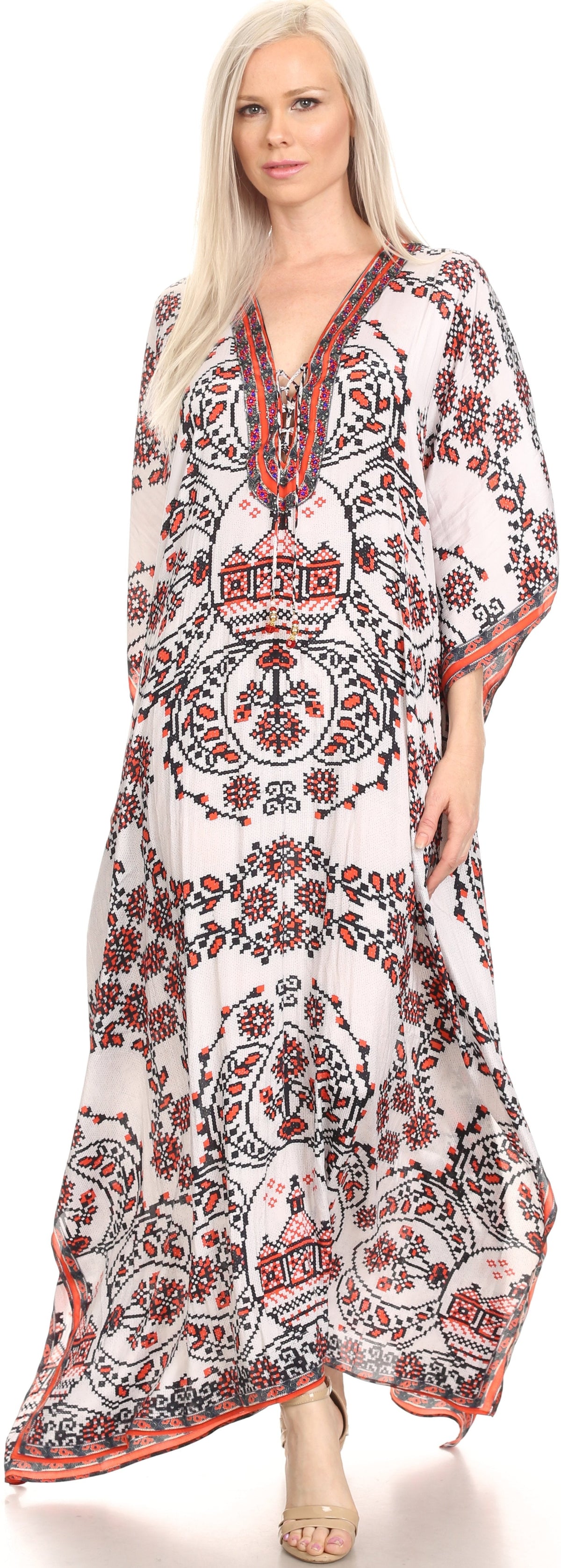 Sakkas Georgettina Flowy Rhinestone V-Neck Long Caftan Dress & Cover Up