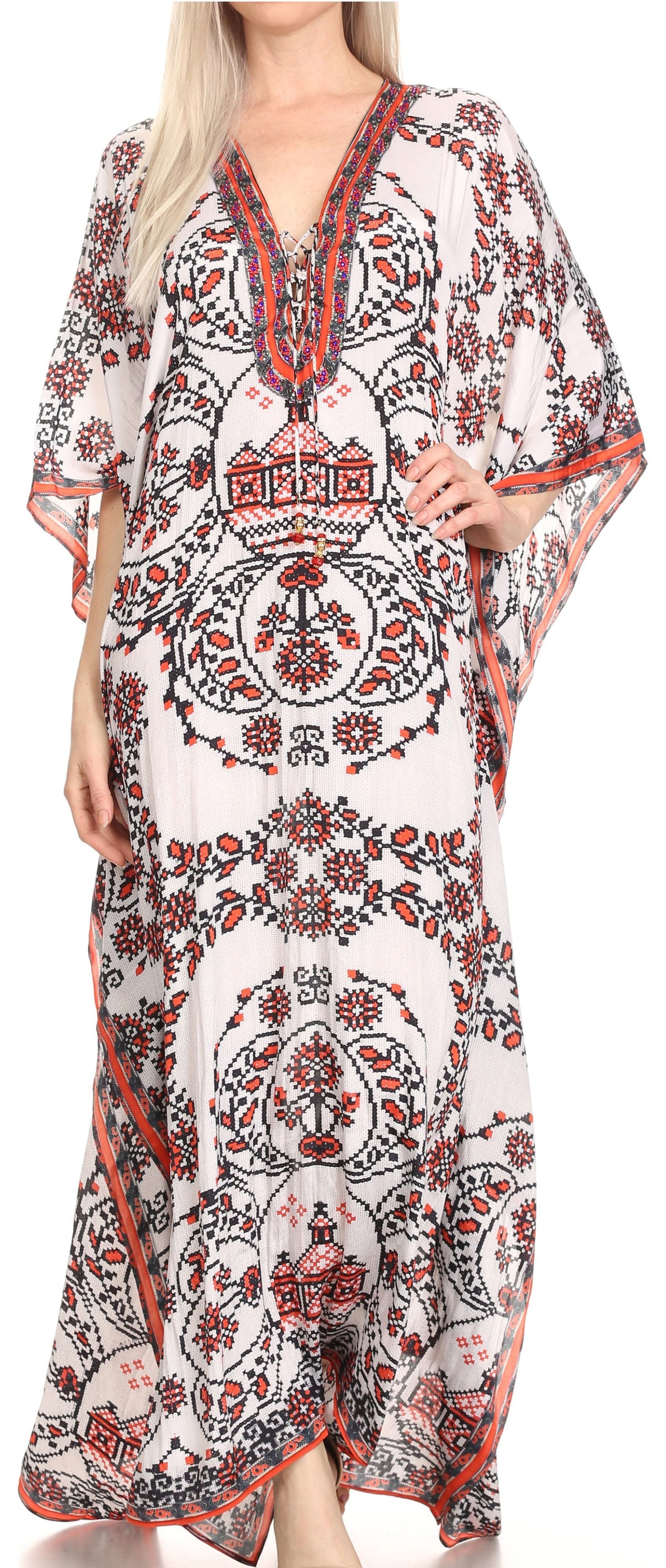 Sakkas Georgettina Flowy Rhinestone V-Neck Long Caftan Dress & Cover Up