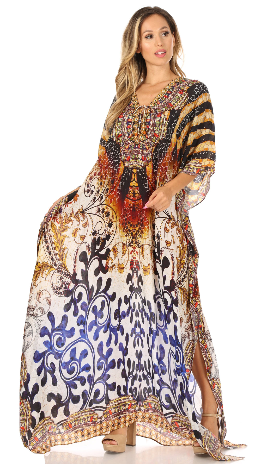 Sakkas Georgettina Flowy Rhinestone V-Neck Long Caftan Dress & Cover Up