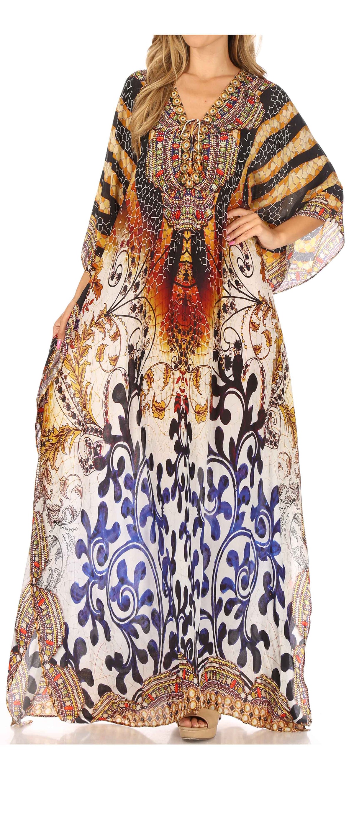 Sakkas Georgettina Flowy Rhinestone V-Neck Long Caftan Dress & Cover Up