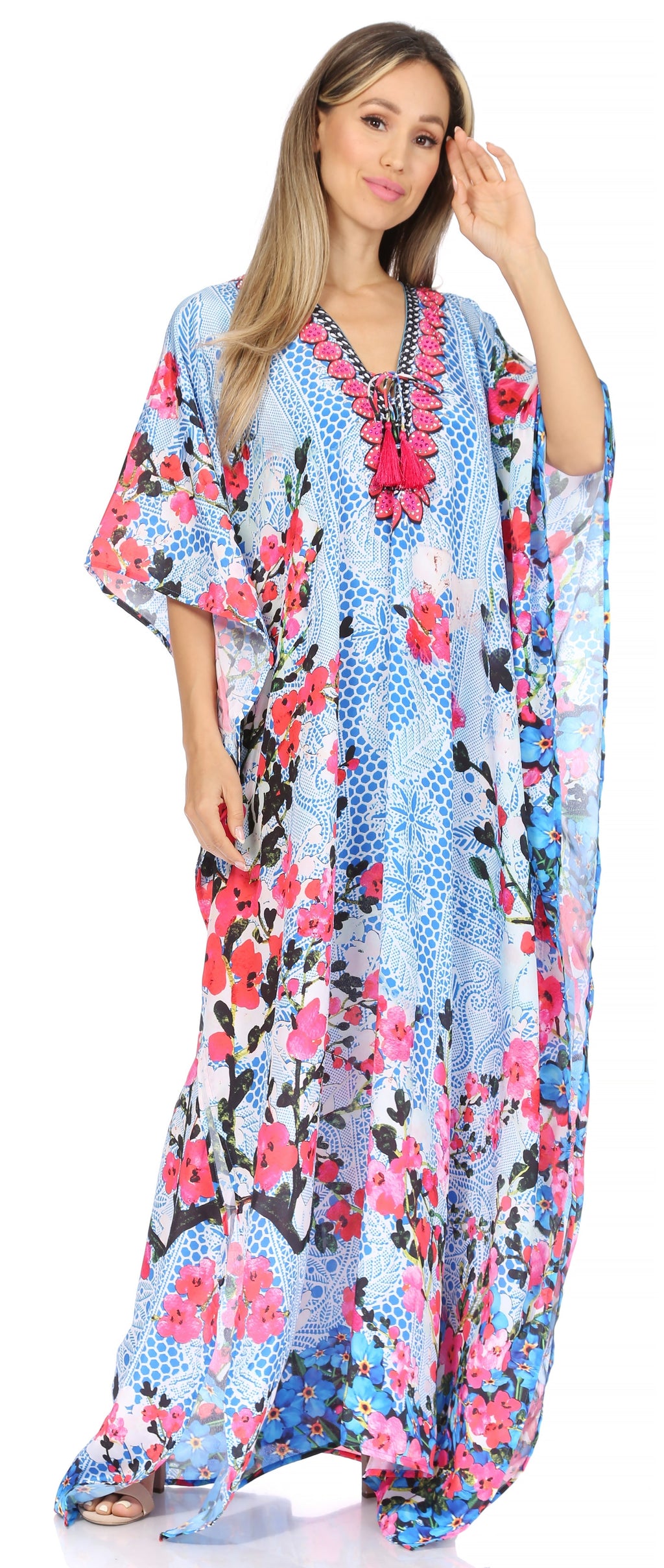 Sakkas Georgettina Flowy Rhinestone V-Neck Long Caftan Dress & Cover Up