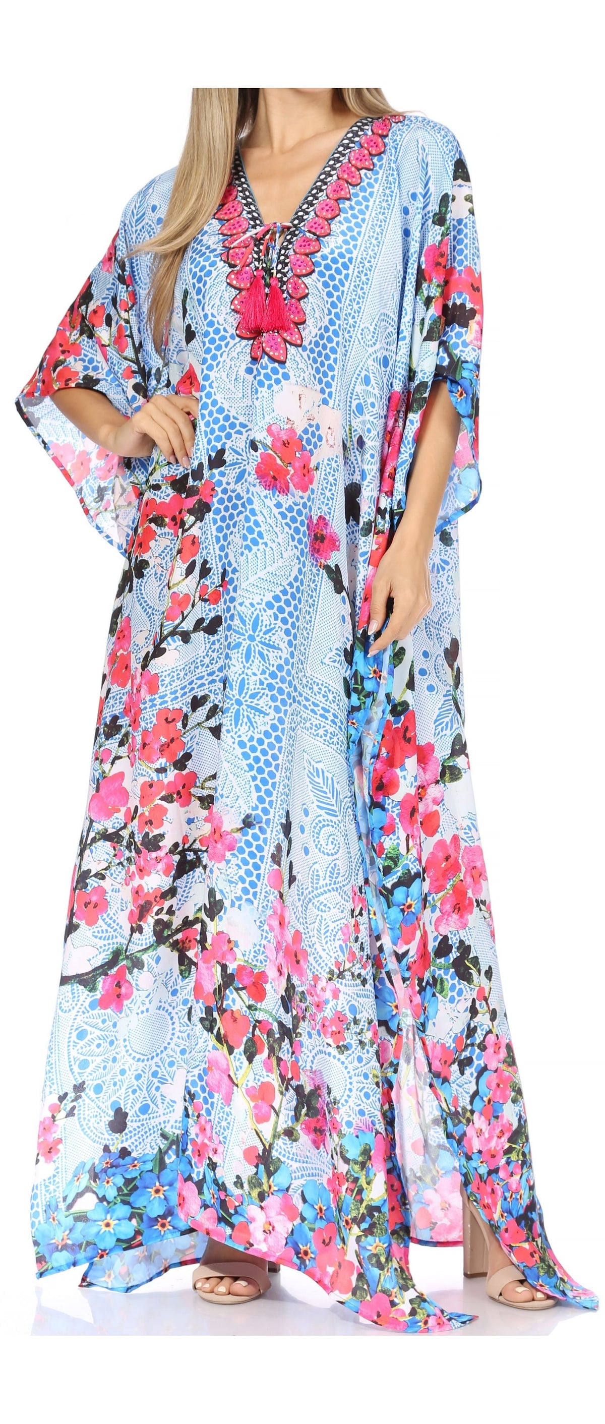 Sakkas Georgettina Flowy Rhinestone V-Neck Long Caftan Dress & Cover Up
