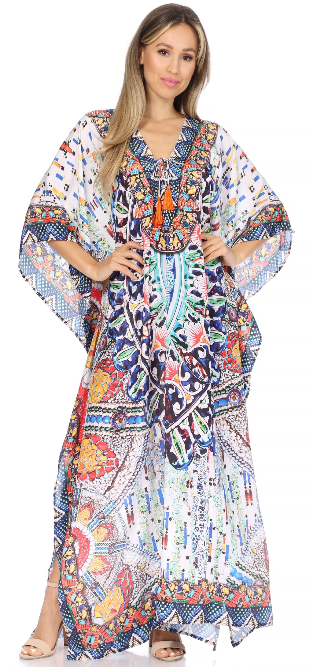 Sakkas Georgettina Flowy Rhinestone V-Neck Long Caftan Dress & Cover Up