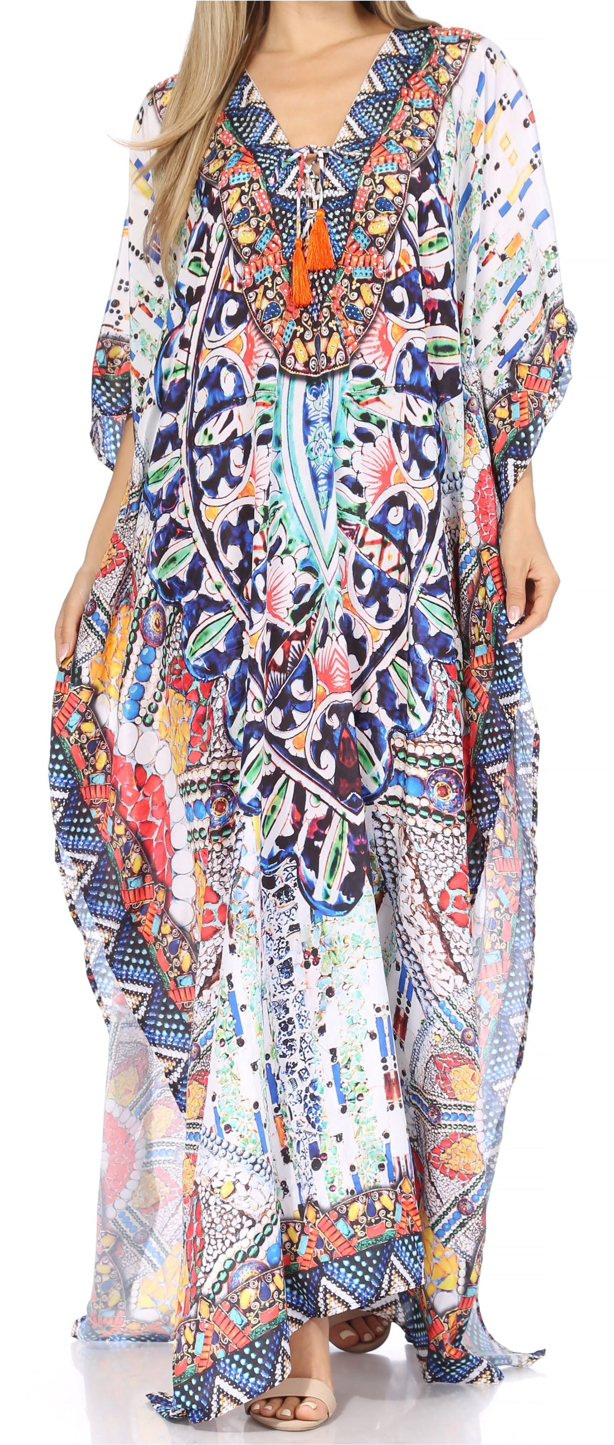 Sakkas Georgettina Flowy Rhinestone V-Neck Long Caftan Dress & Cover Up