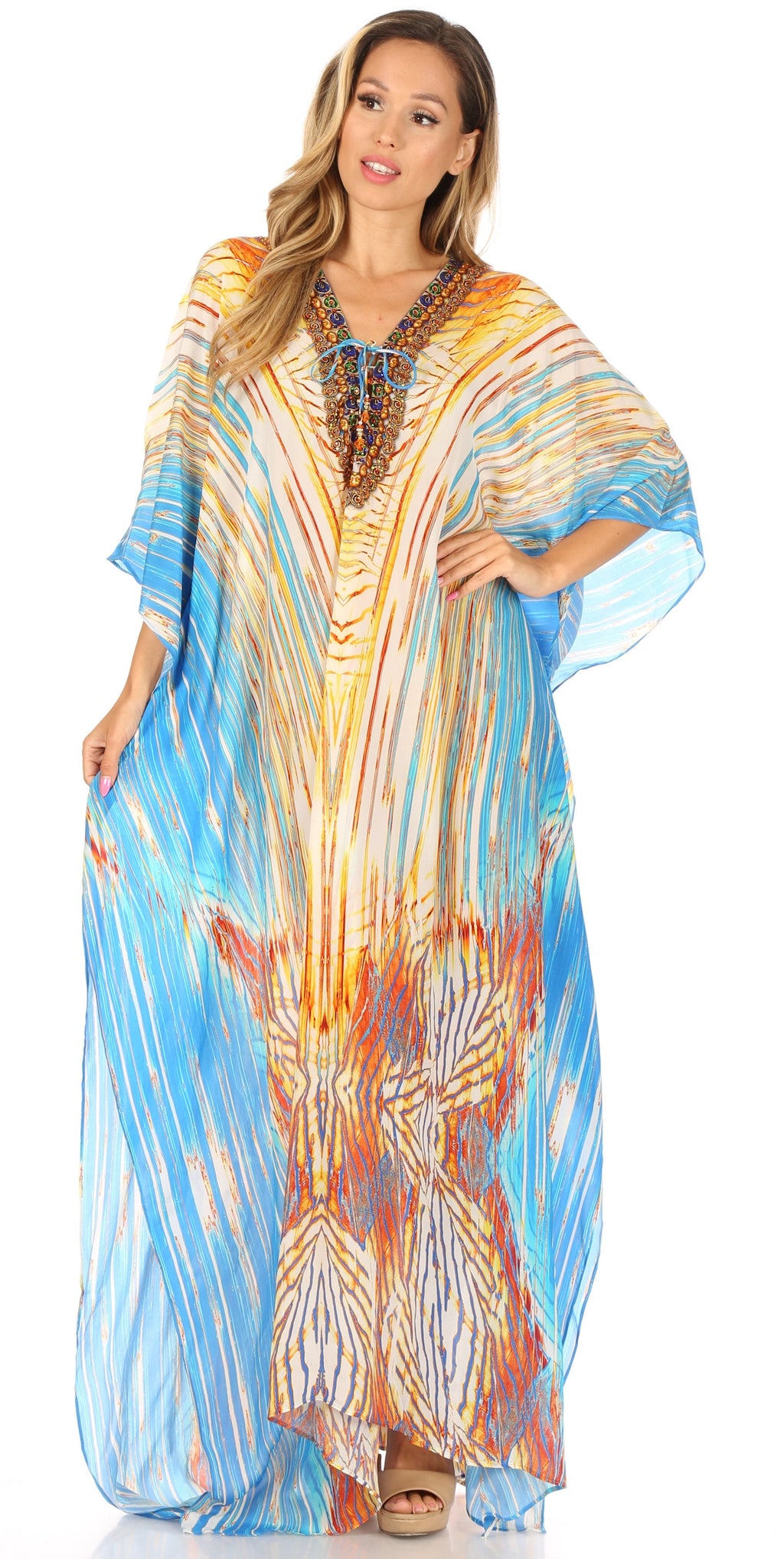 Sakkas Georgettina Flowy Rhinestone V-Neck Long Caftan Dress & Cover Up