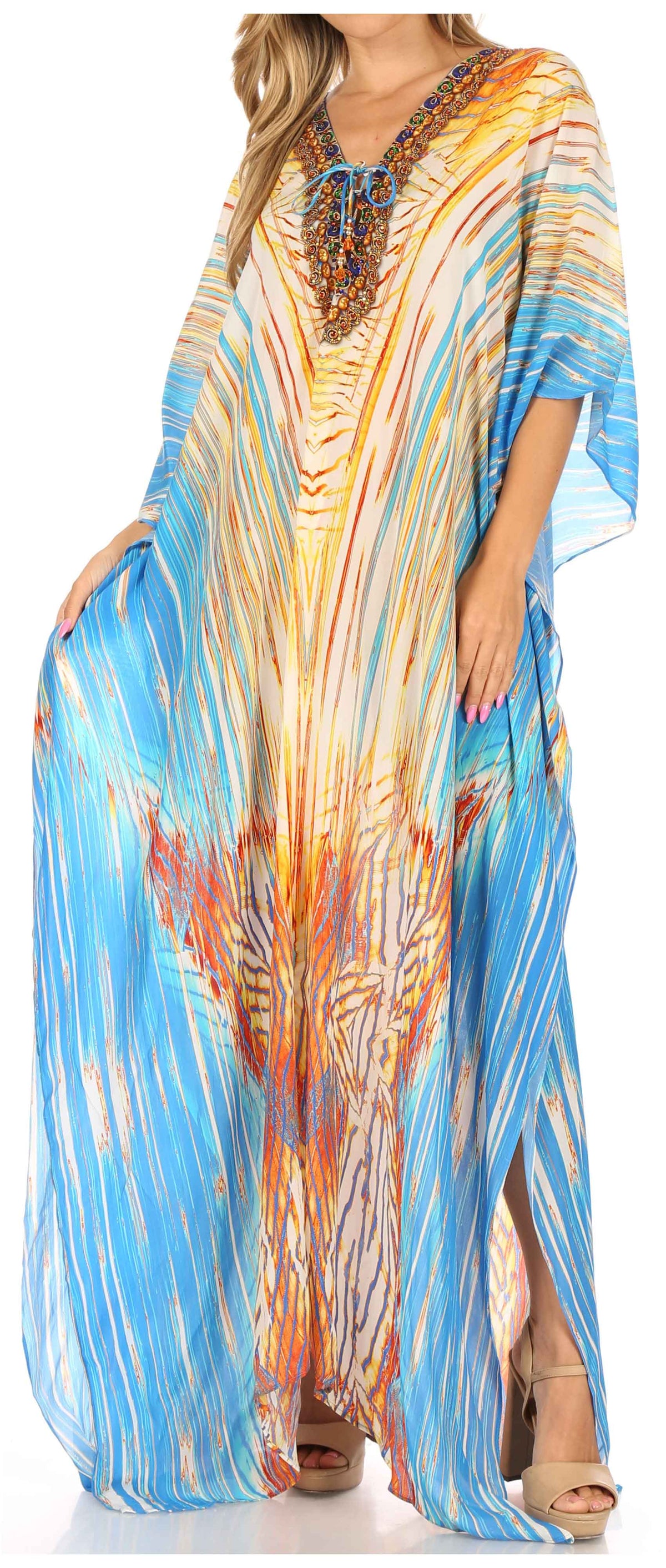 Sakkas Georgettina Flowy Rhinestone V-Neck Long Caftan Dress & Cover Up