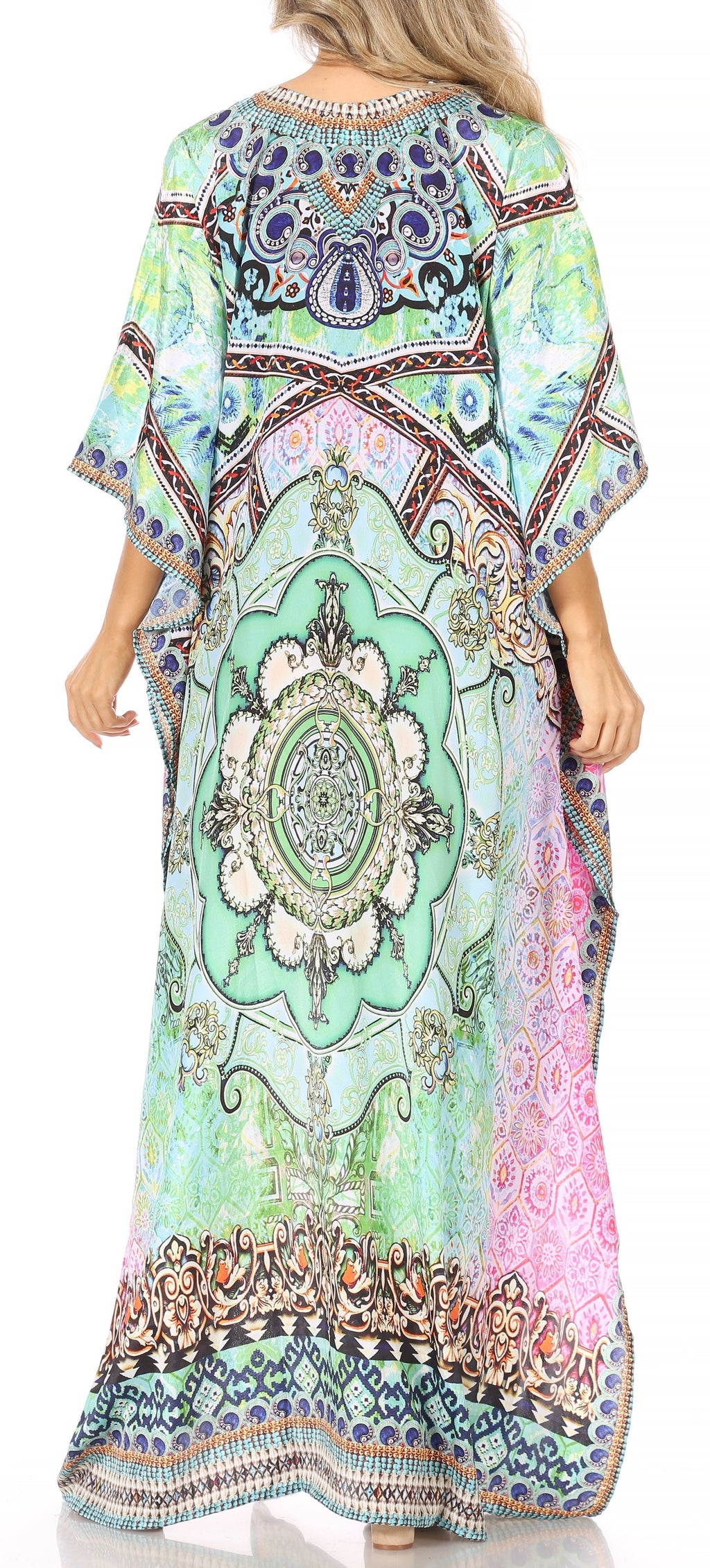 Sakkas Georgettina Flowy Rhinestone V-Neck Long Caftan Dress & Cover Up