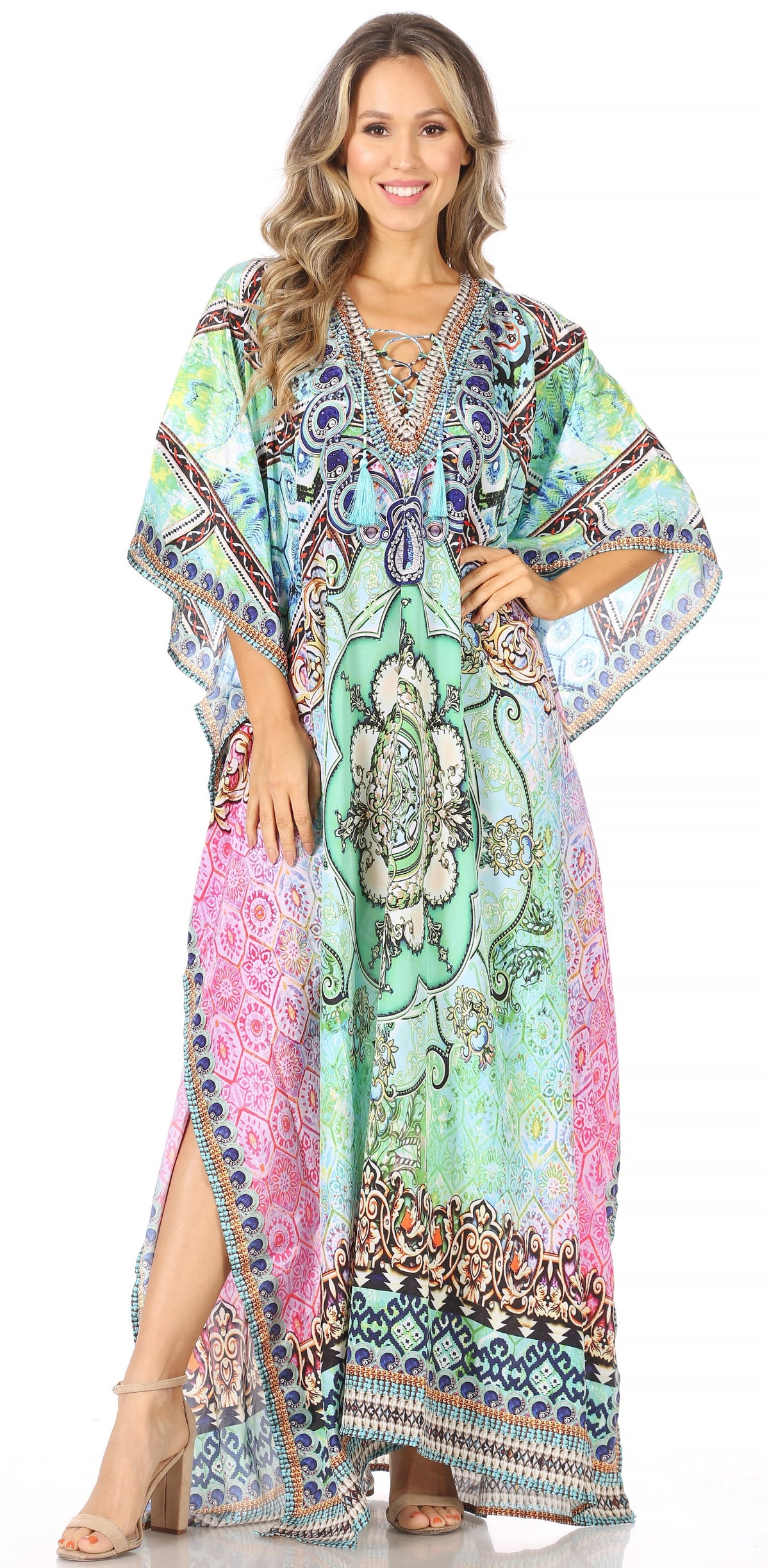 Sakkas Georgettina Flowy Rhinestone V-Neck Long Caftan Dress & Cover Up