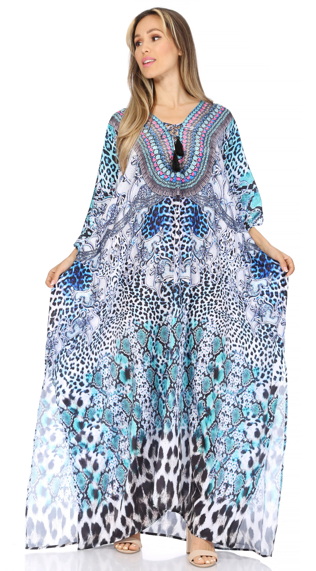 Sakkas Georgettina Flowy Rhinestone V-Neck Long Caftan Dress & Cover Up
