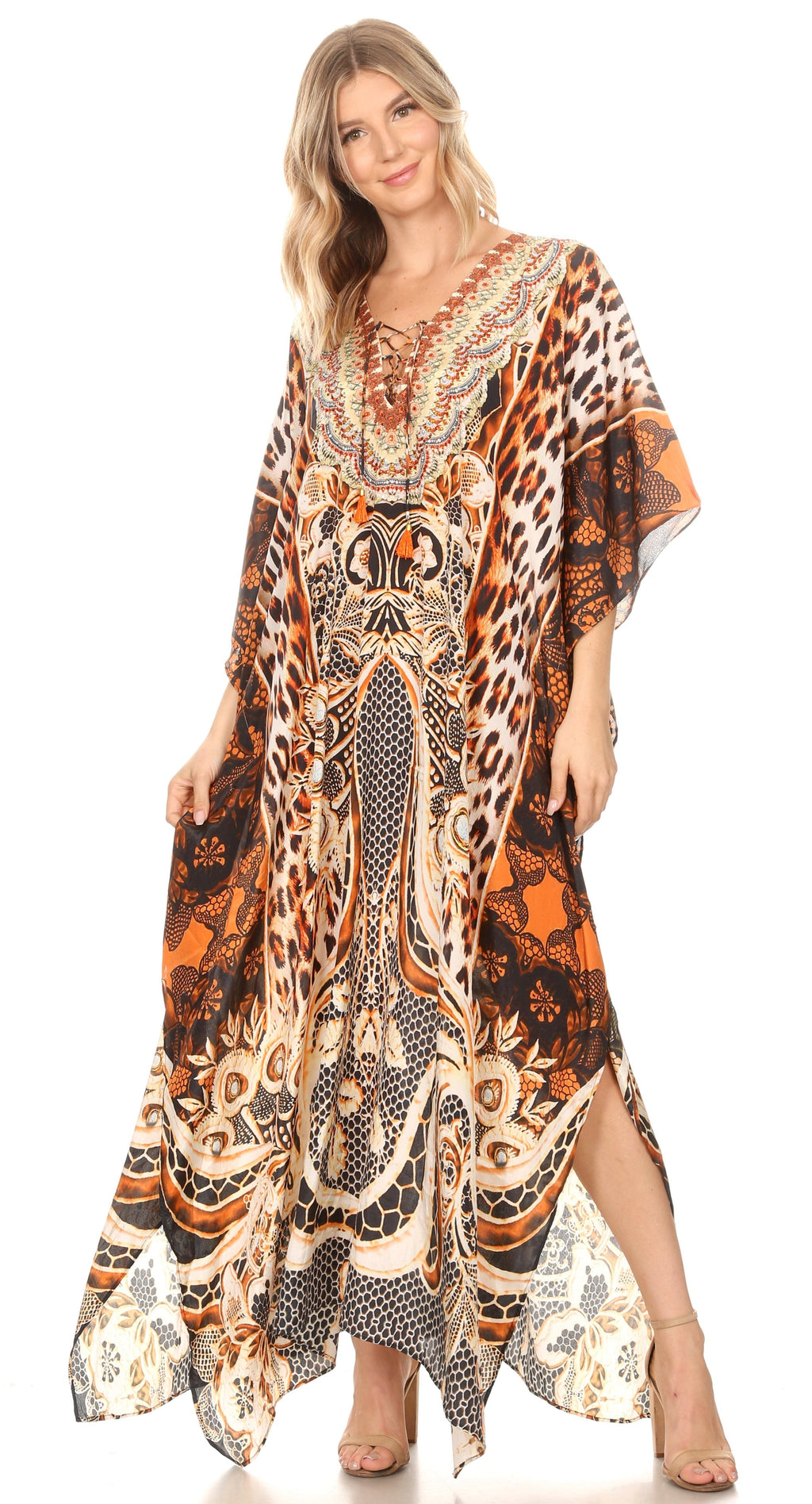 Sakkas Georgettina Flowy Rhinestone V-Neck Long Caftan Dress & Cover Up