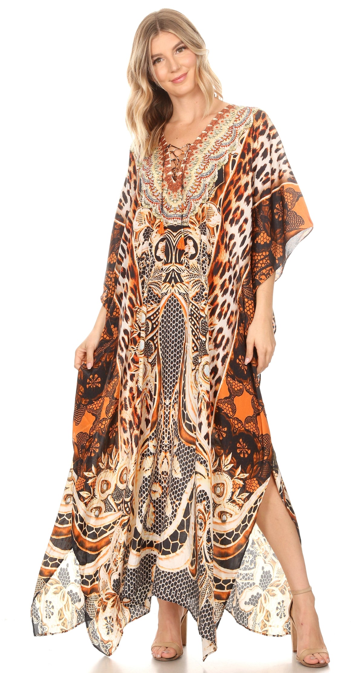 Sakkas Georgettina Flowy Rhinestone V-Neck Long Caftan Dress & Cover Up