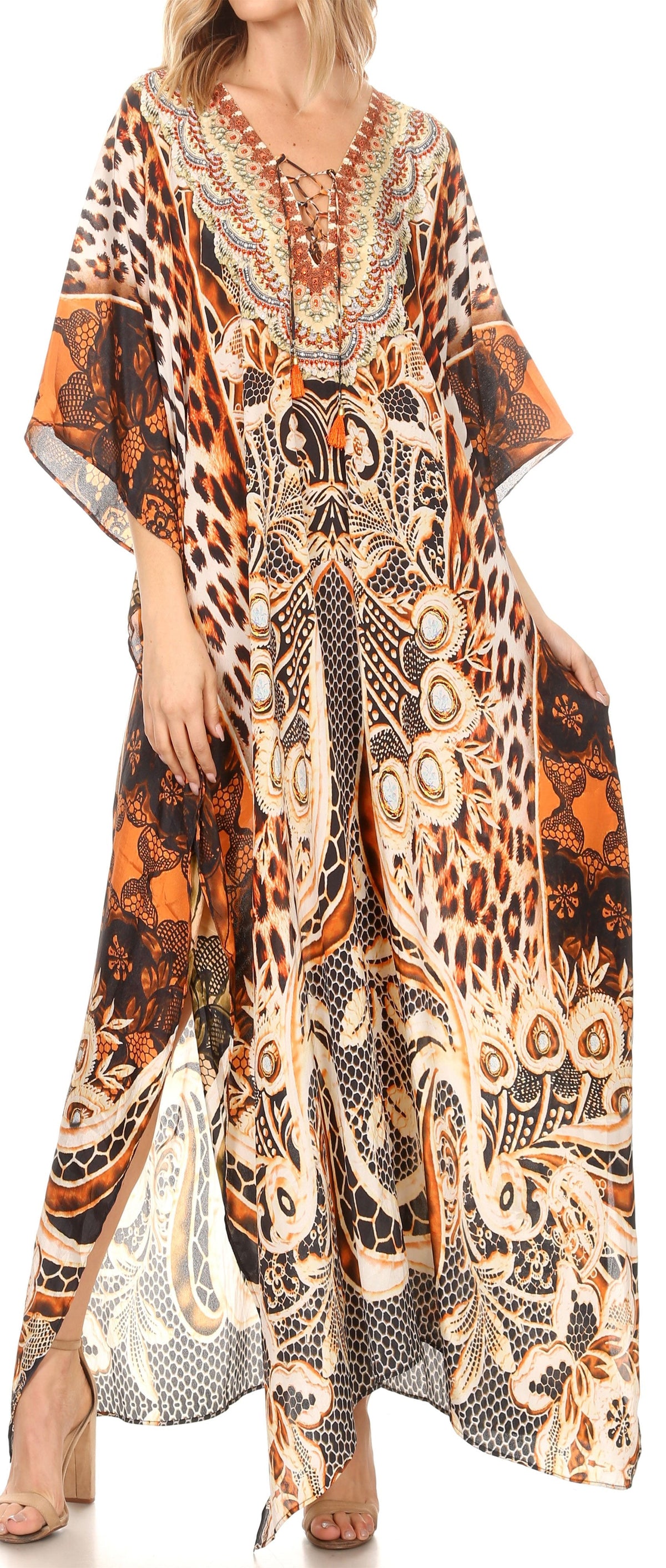 Sakkas Georgettina Flowy Rhinestone V-Neck Long Caftan Dress & Cover Up