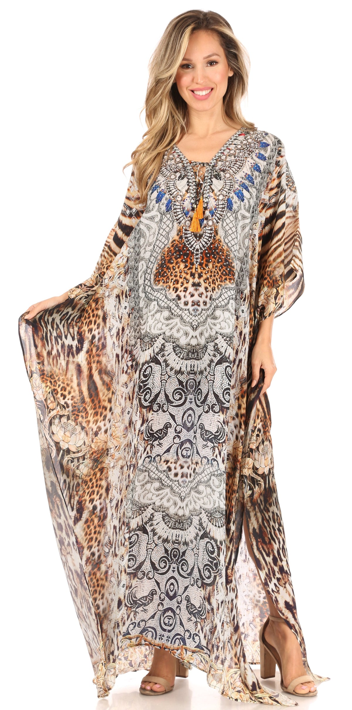 Sakkas Georgettina Flowy Rhinestone V-Neck Long Caftan Dress & Cover Up